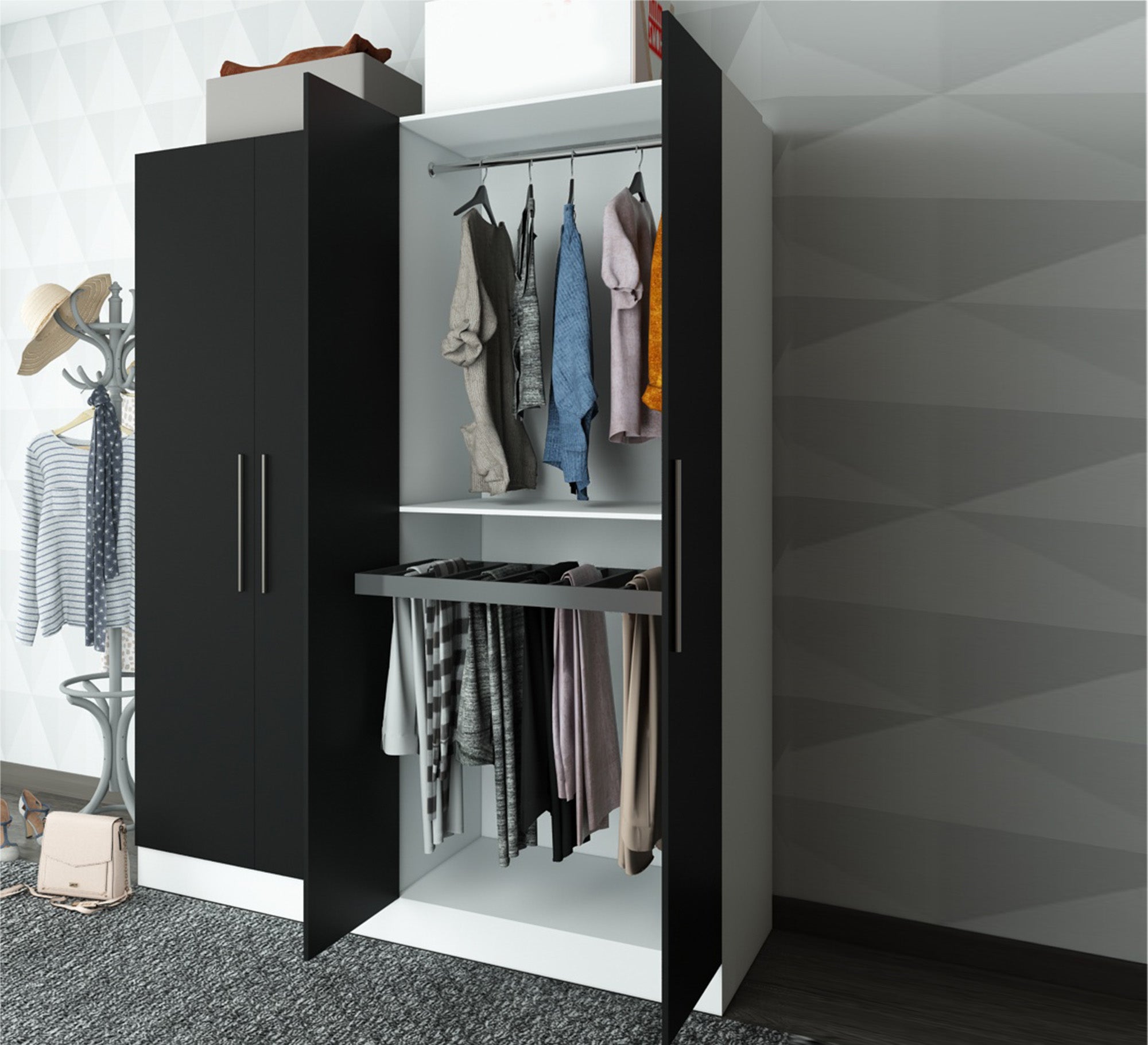 A white dresser with four black moving doors