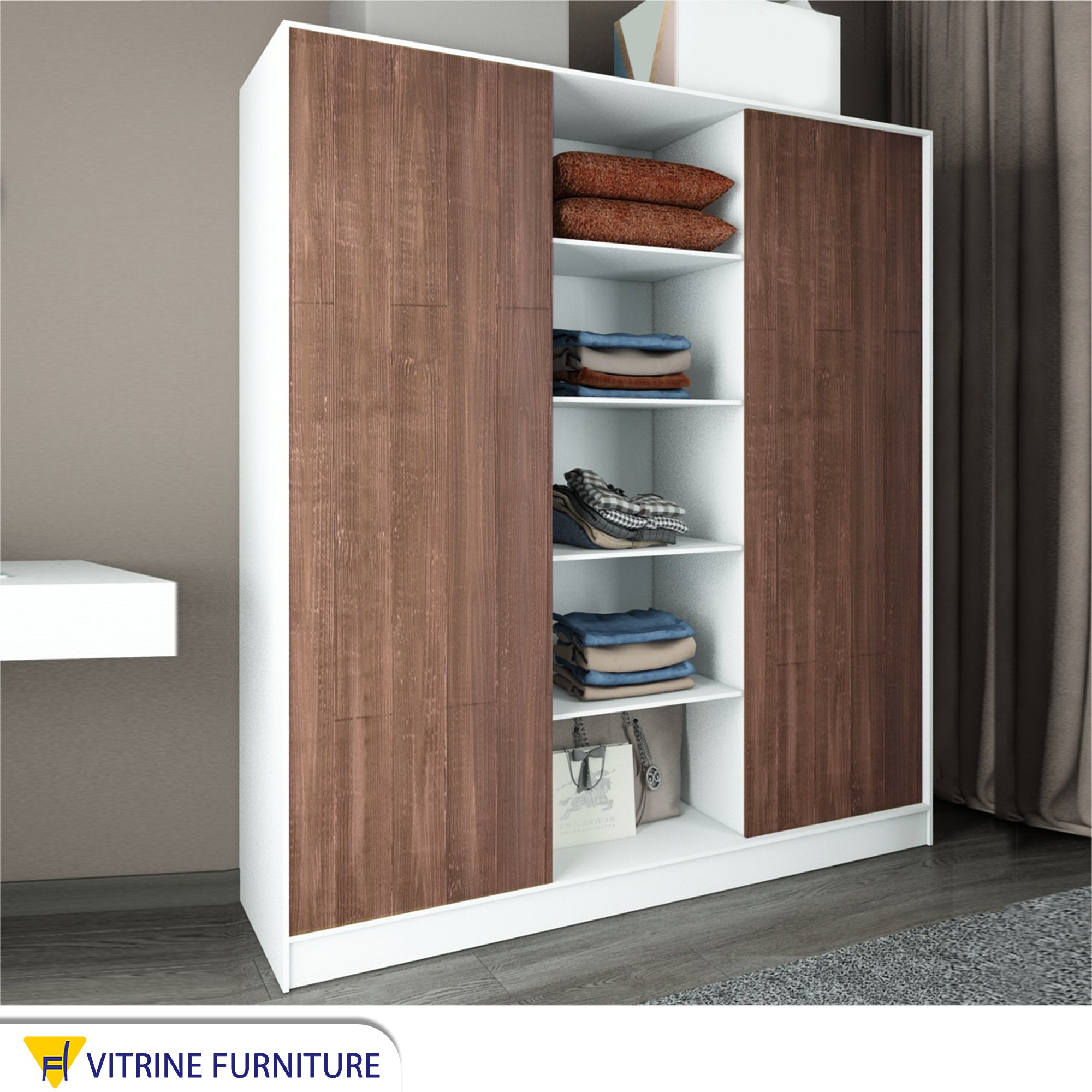 A three-leaf brown sliding wardrobe