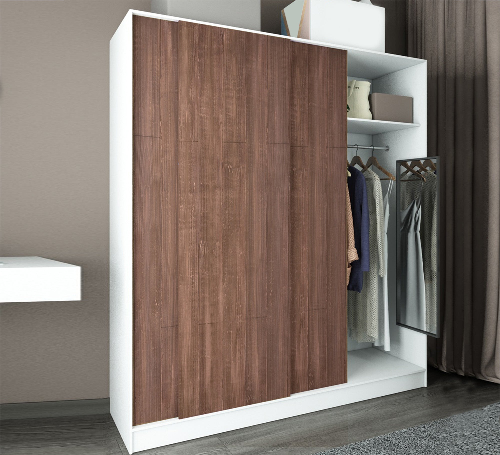 A three-leaf brown sliding wardrobe