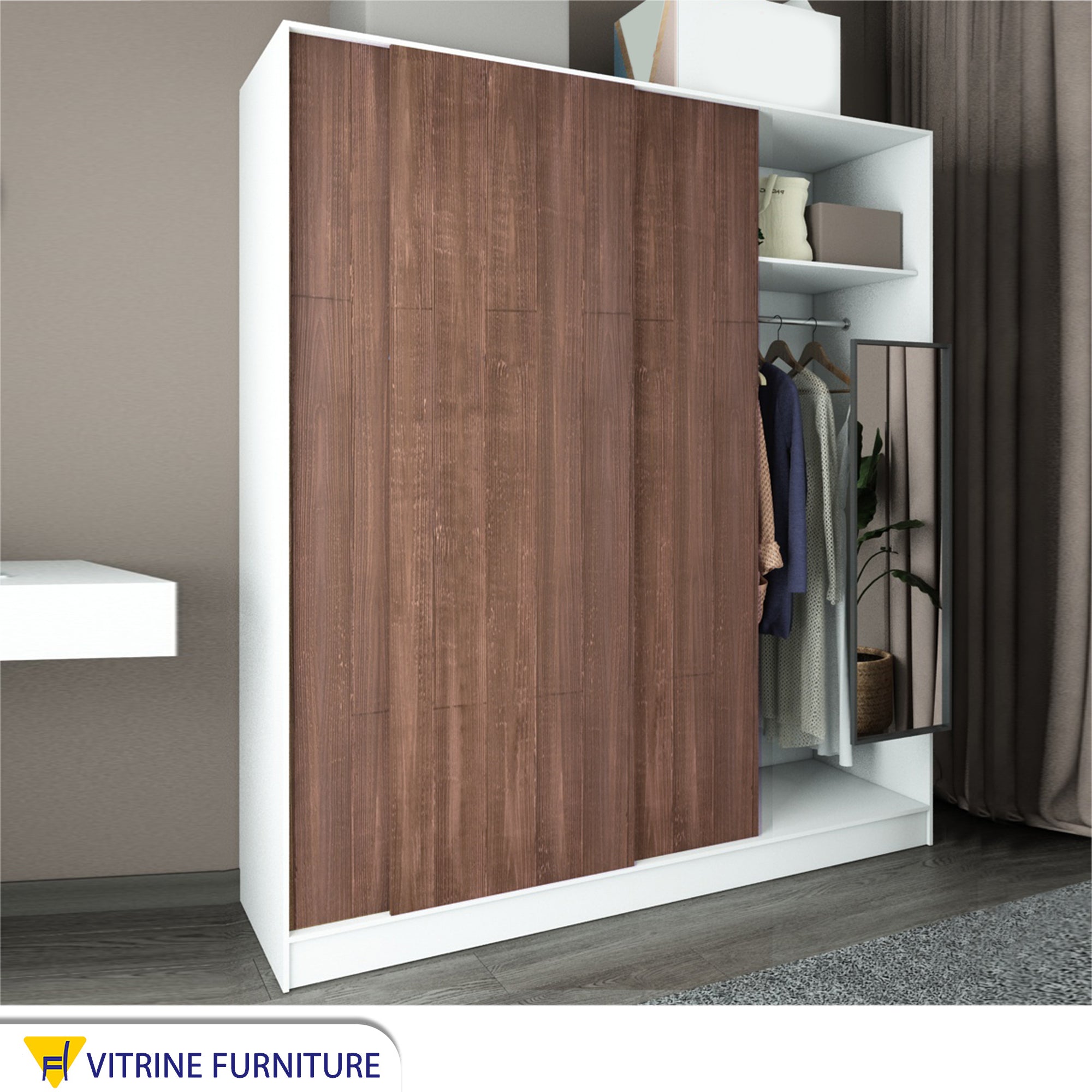 A three-leaf brown sliding wardrobe