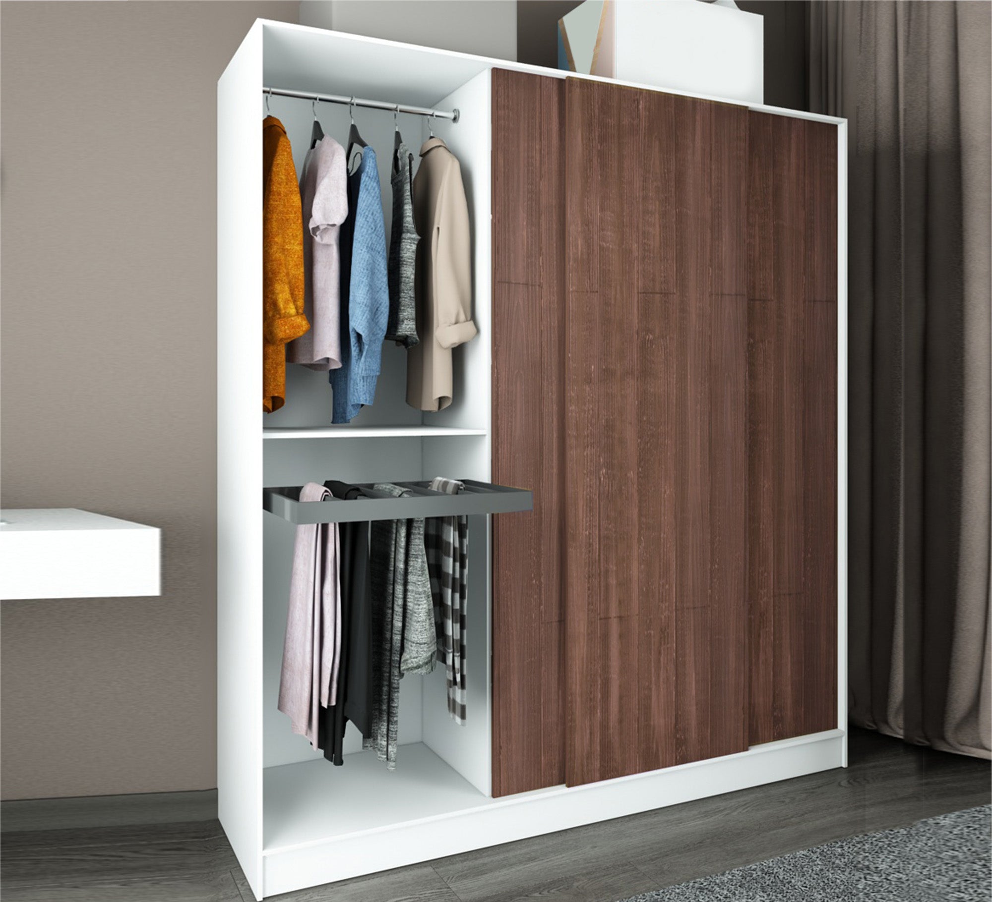 A three-leaf brown sliding wardrobe