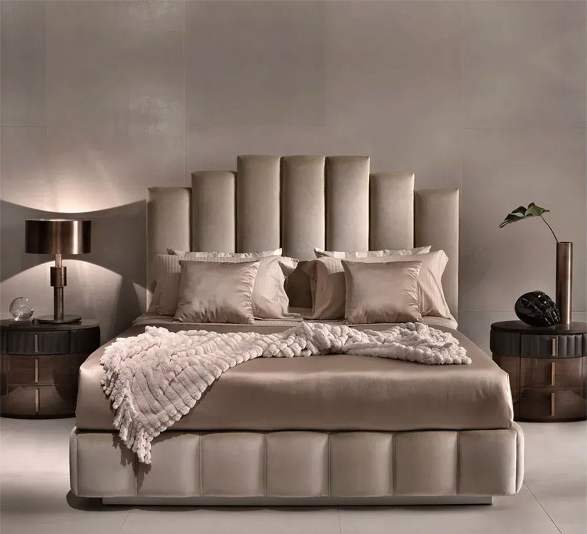 A golden bed with shiny velvet upholstery