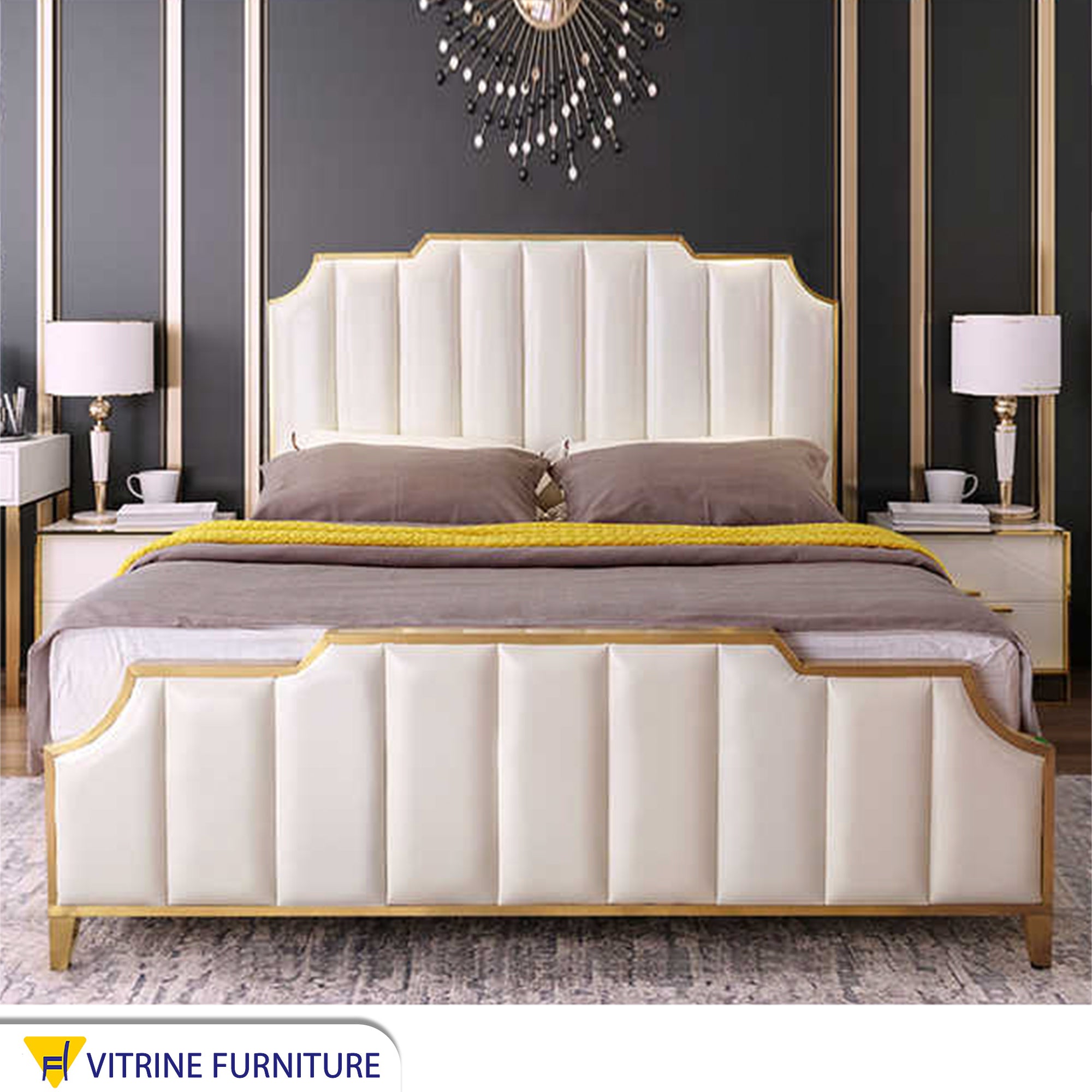 Pearly white bed with split lengthwise upholstery