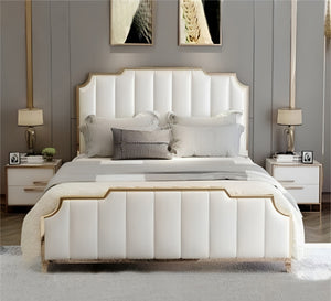 Pearly white bed with split lengthwise upholstery