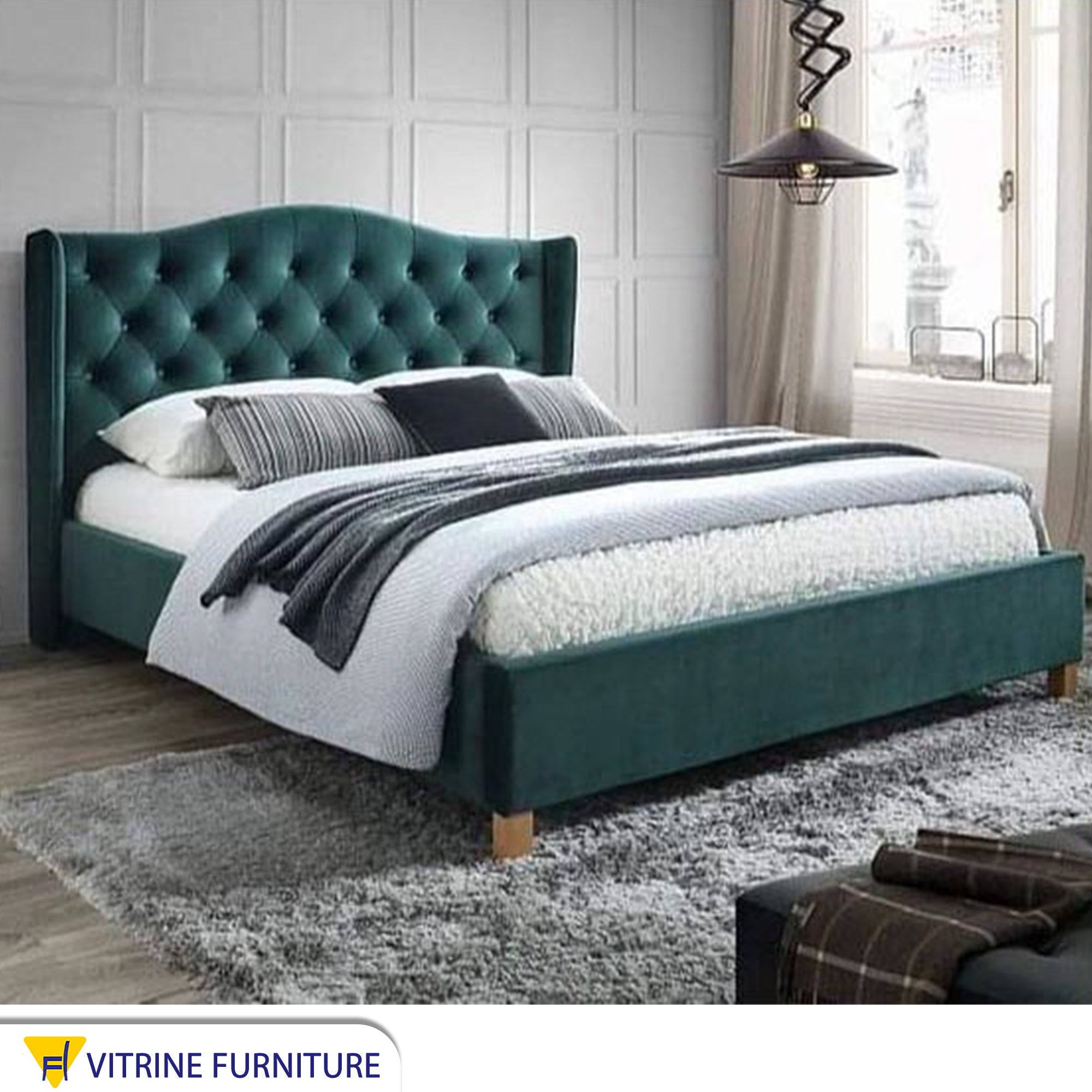 Turquoise bed with Capoutine upholstery