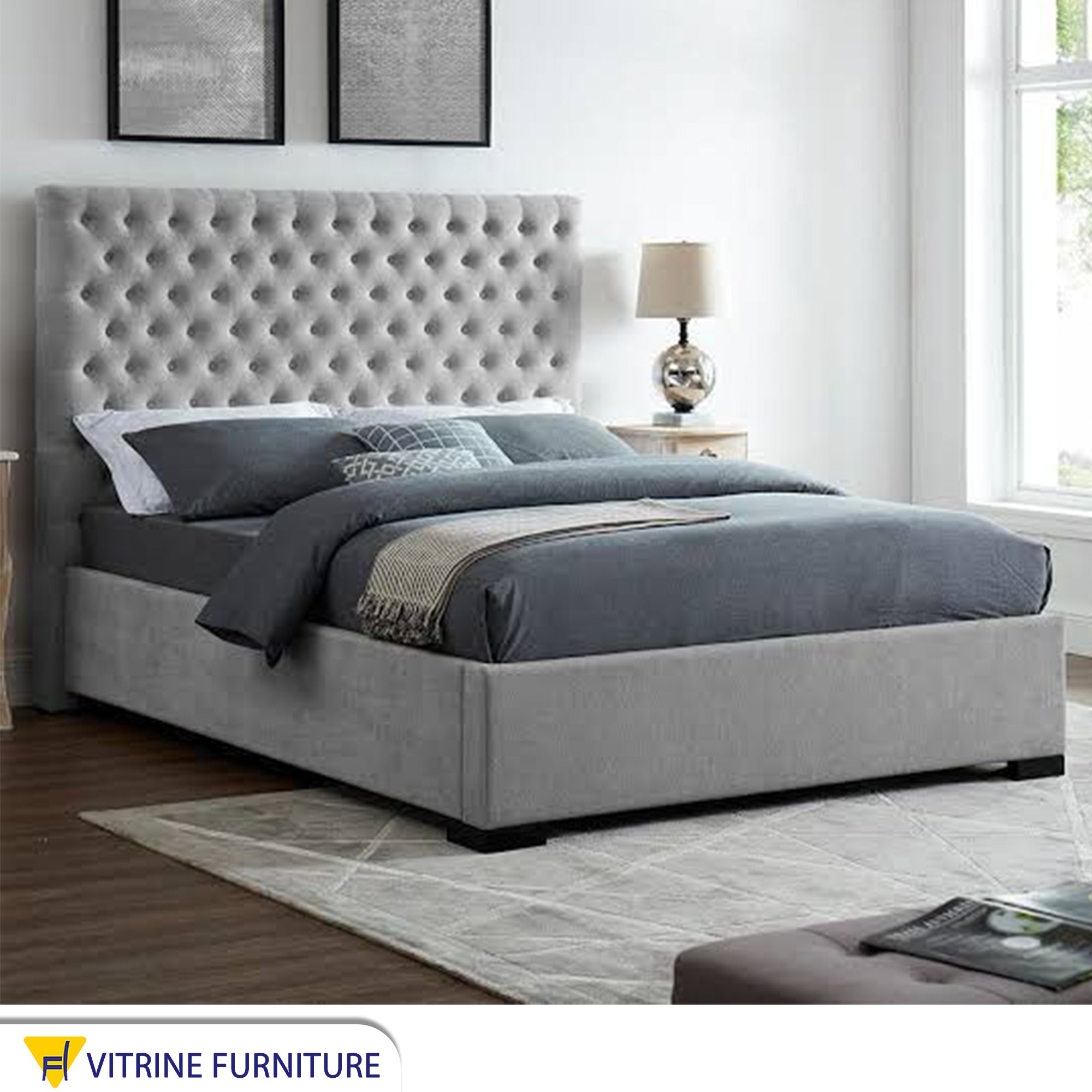 Light gray bed with Cabotain upholstery