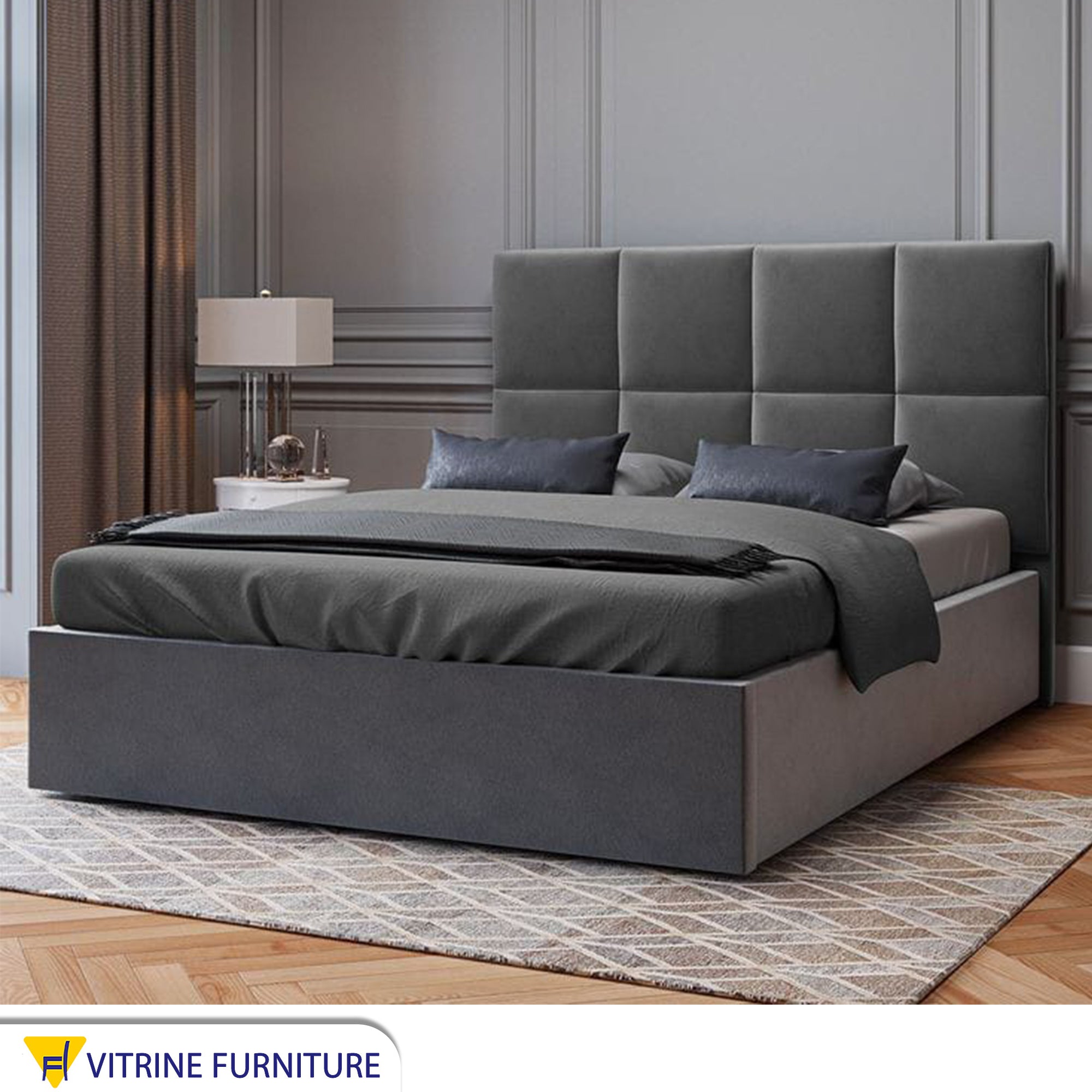 Dark gray bed with square headboard