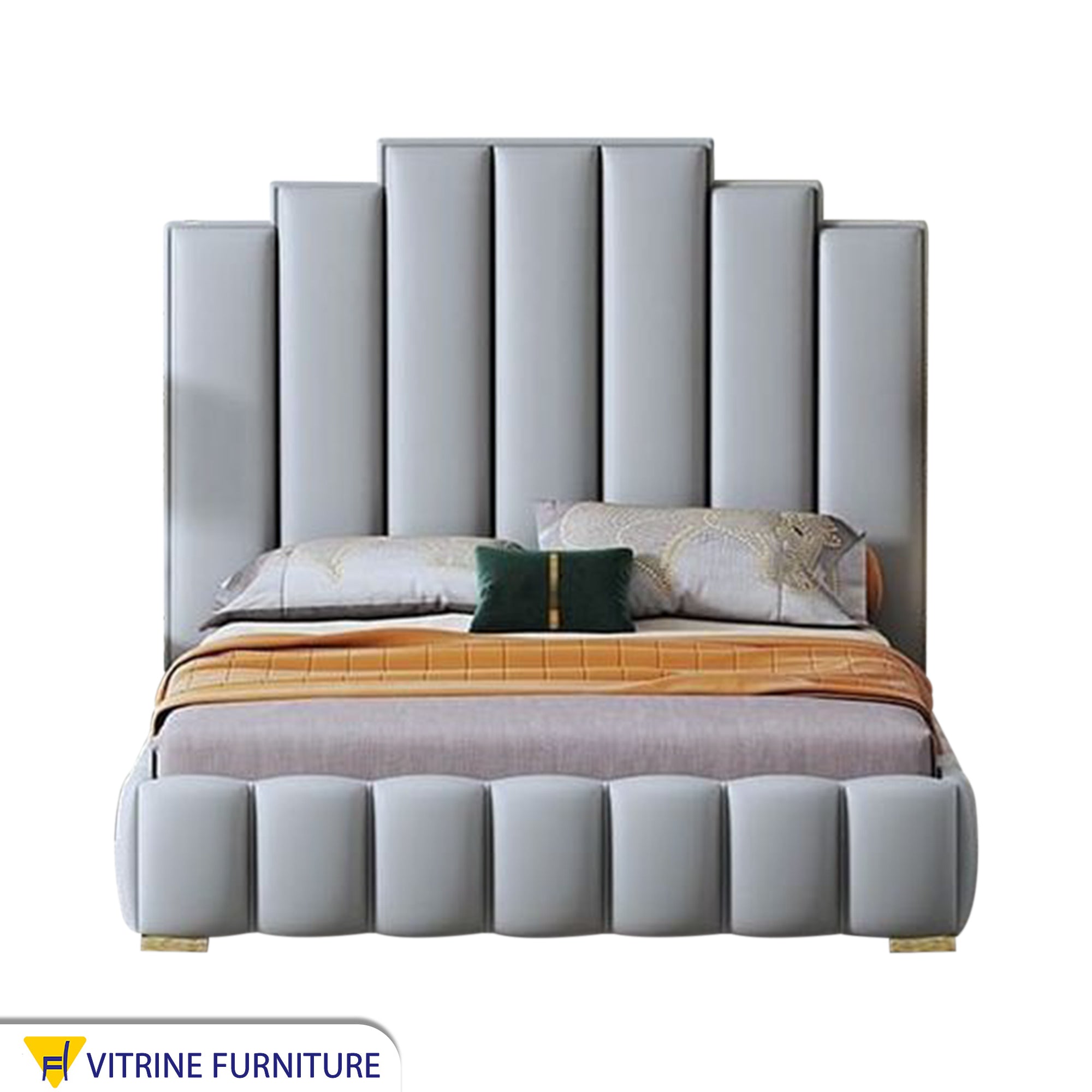 Light gray bed with a unique headboard