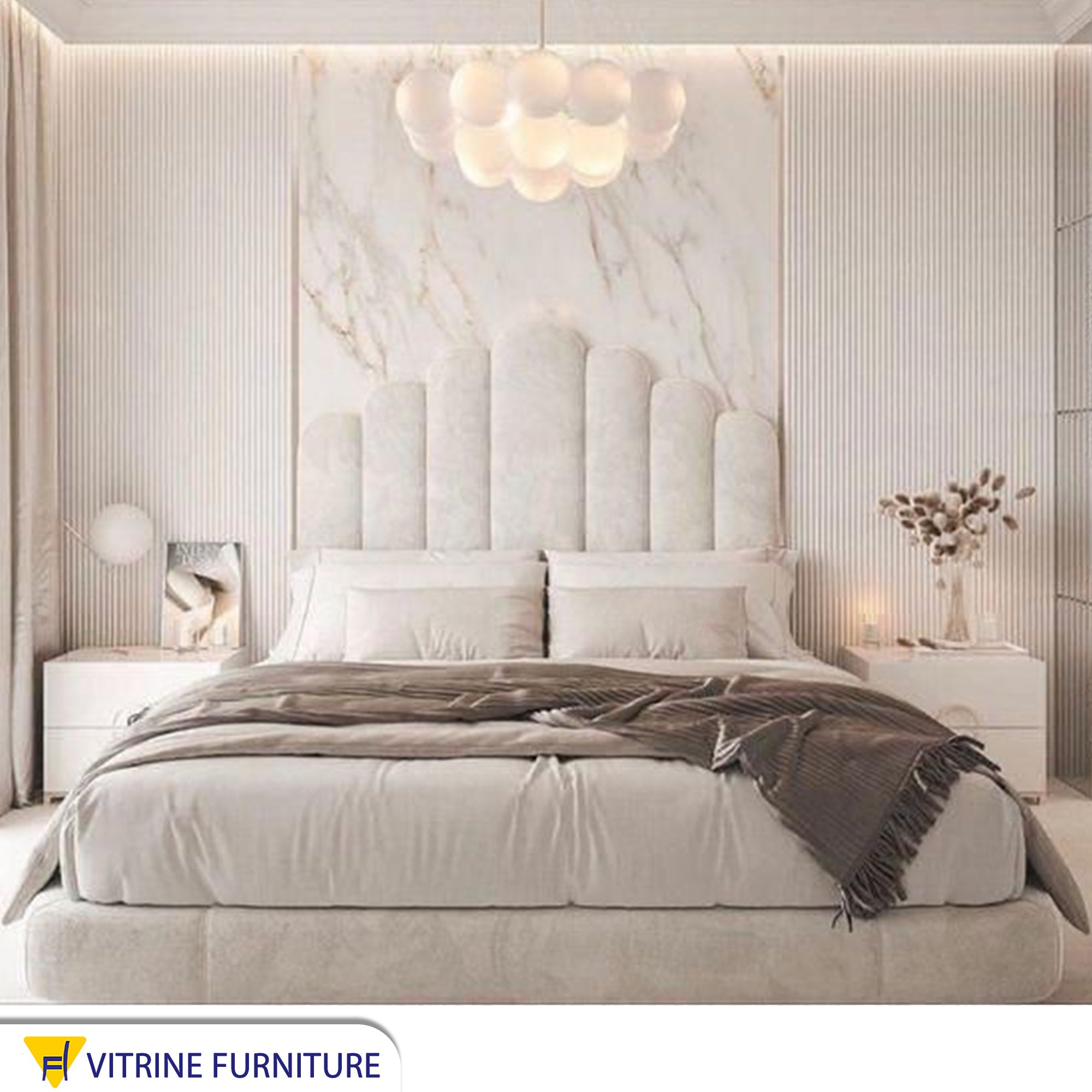White bed with a unique headboard