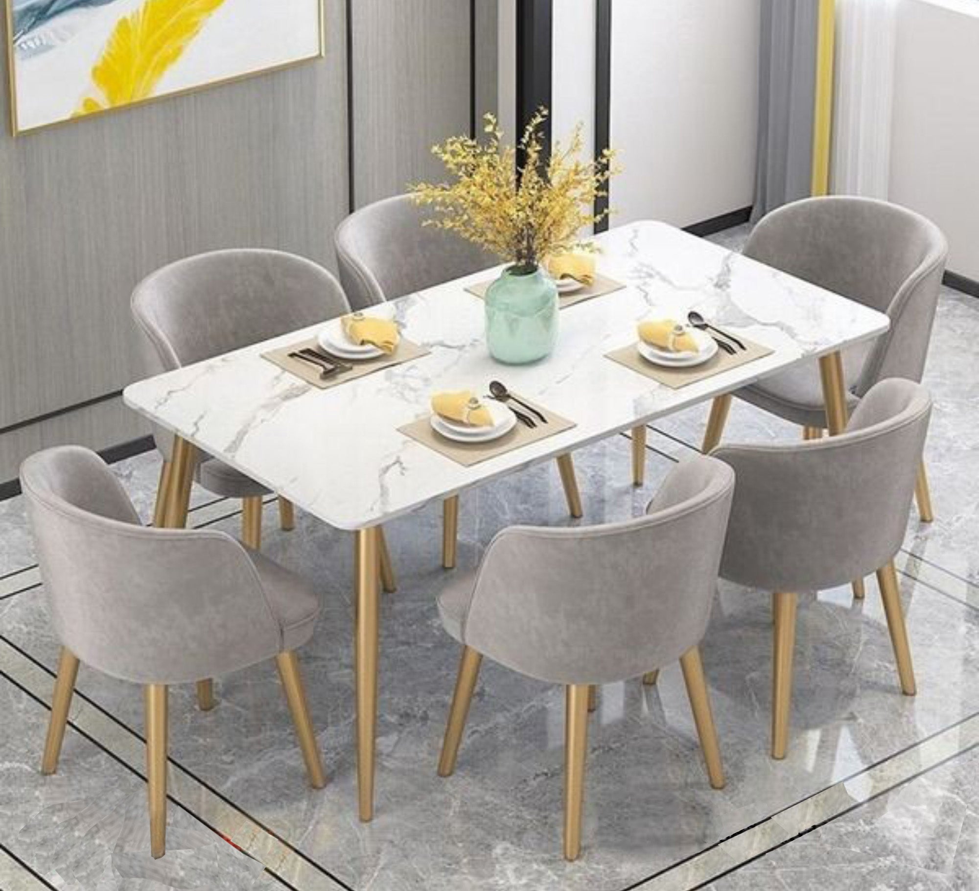 A rectangular dining table with six chairs