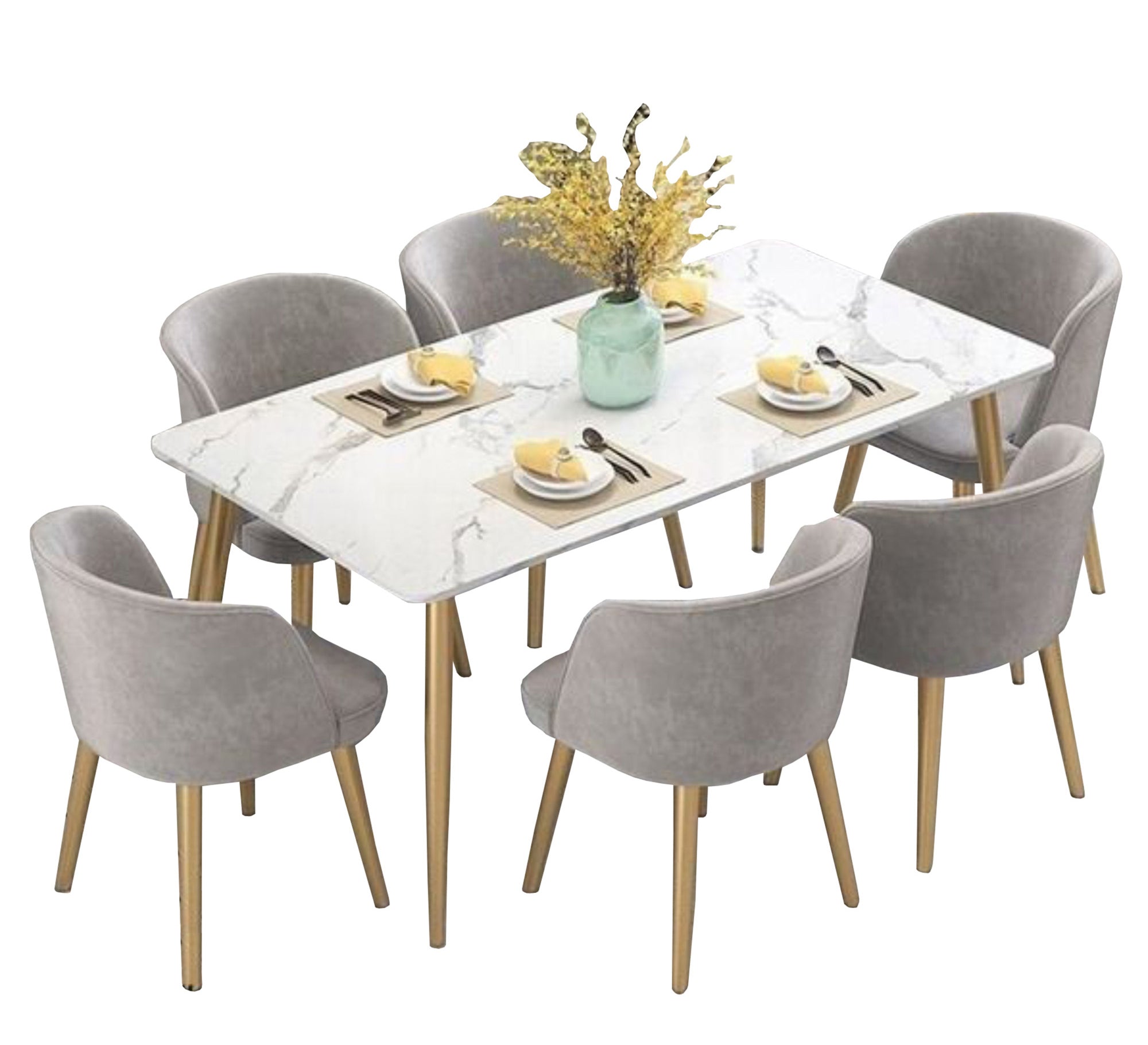 A rectangular dining table with six chairs