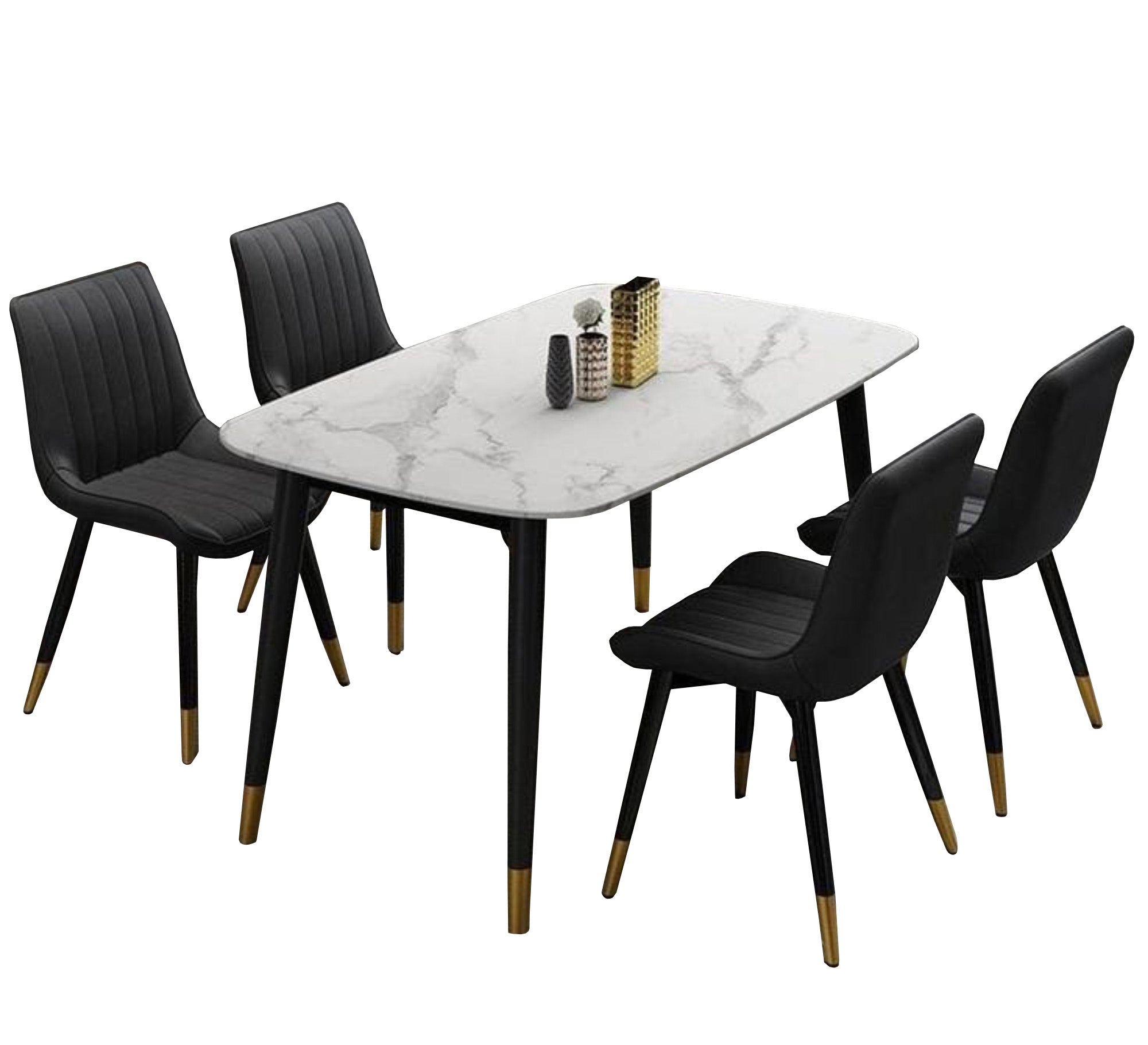 A white dining table and four black chairs