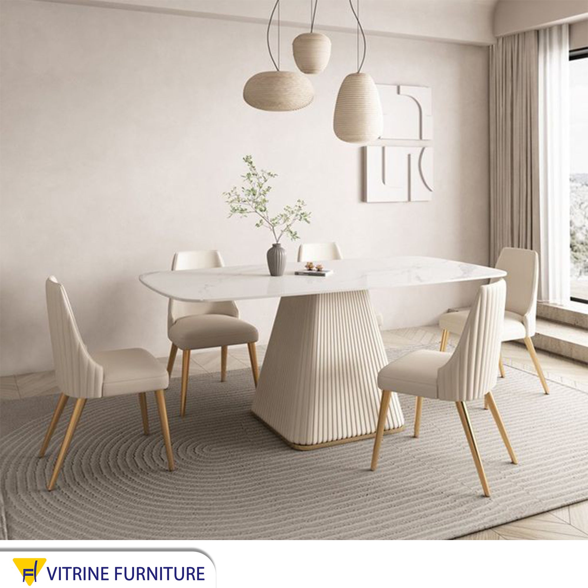 A cream-colored dining table with a unique and elegant design