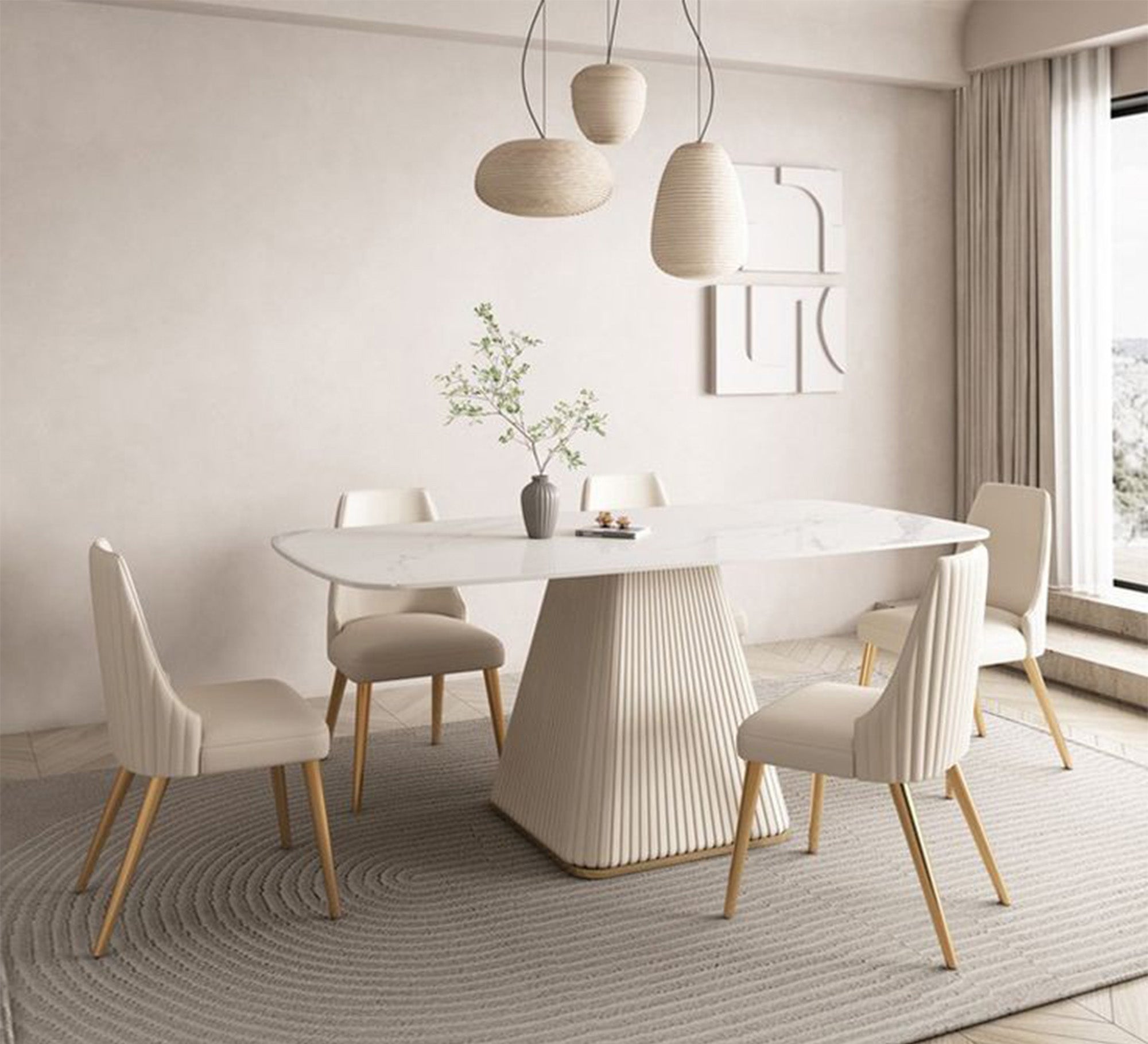 A cream-colored dining table with a unique and elegant design