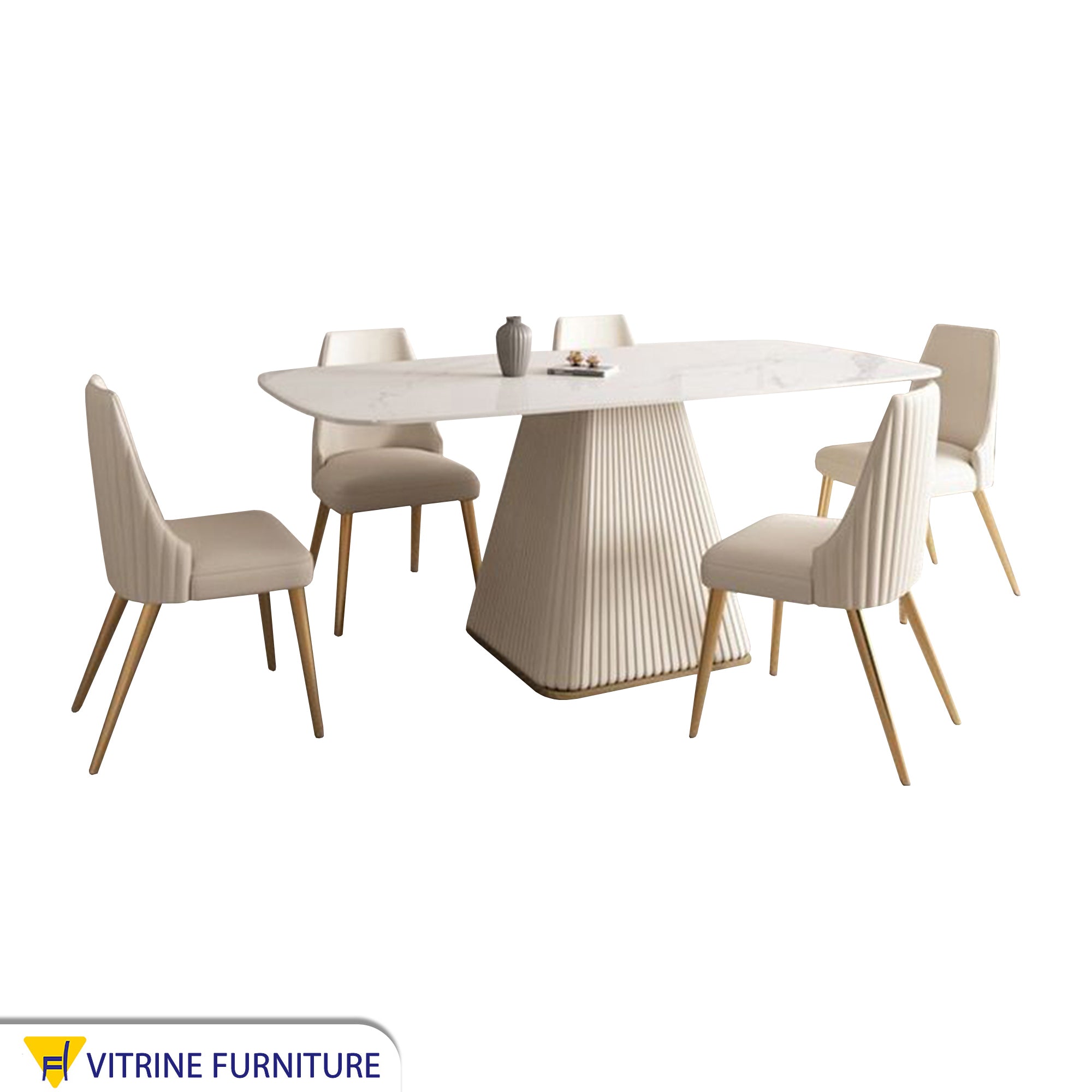 A cream-colored dining table with a unique and elegant design