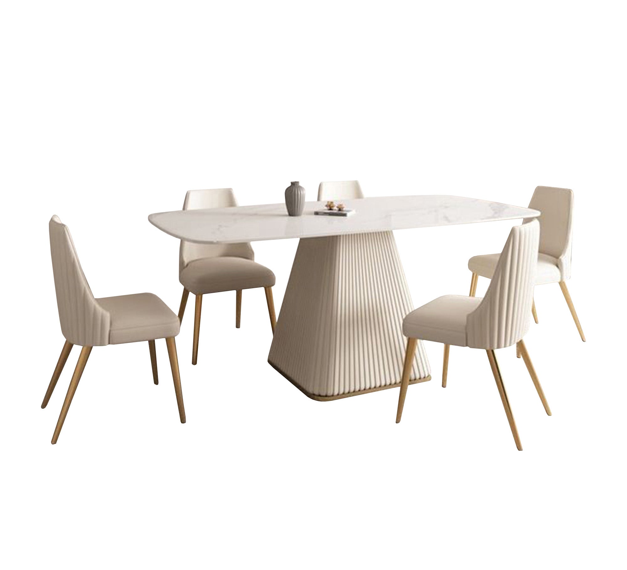 A cream-colored dining table with a unique and elegant design