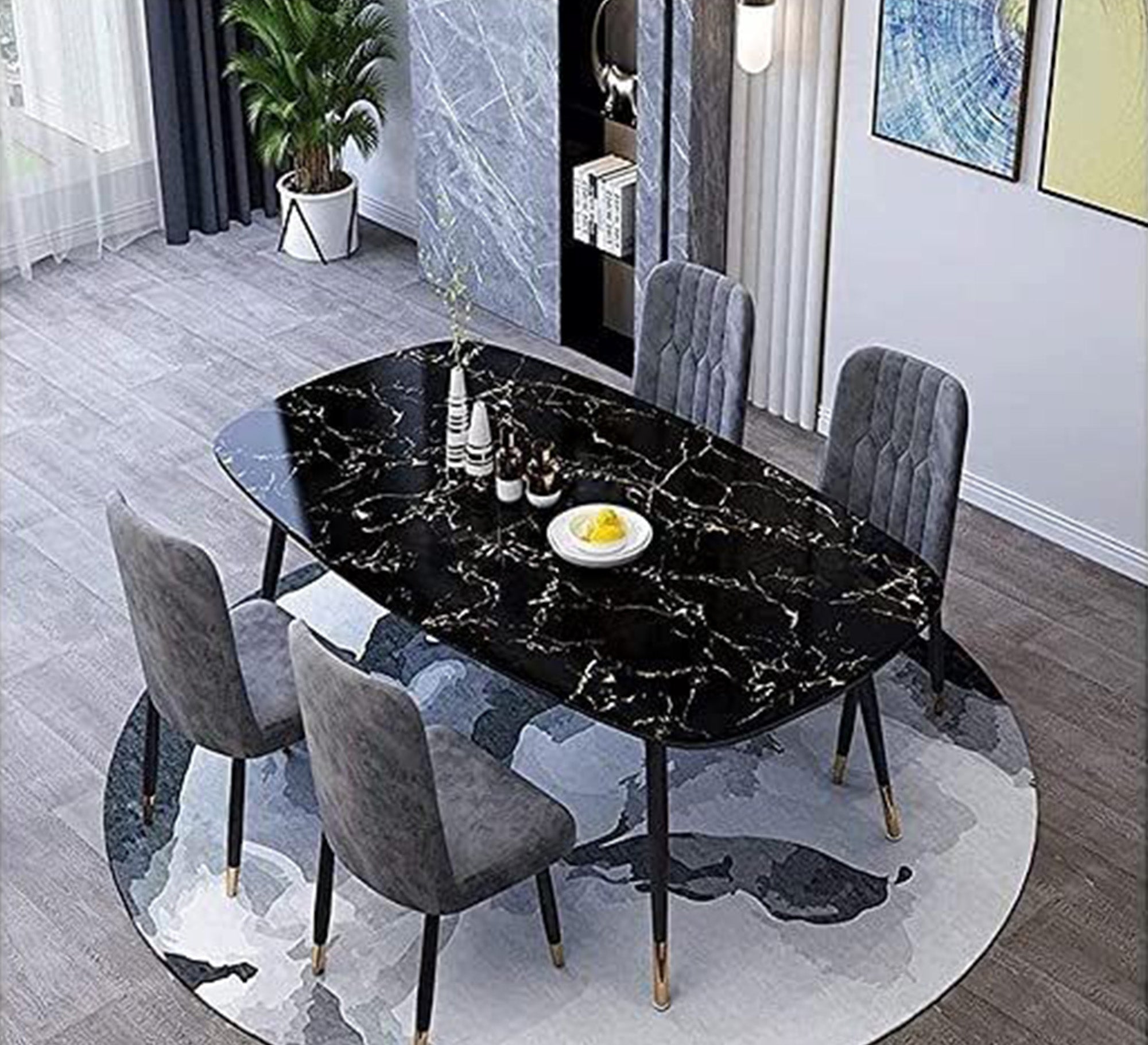 Black dining table decorated with white