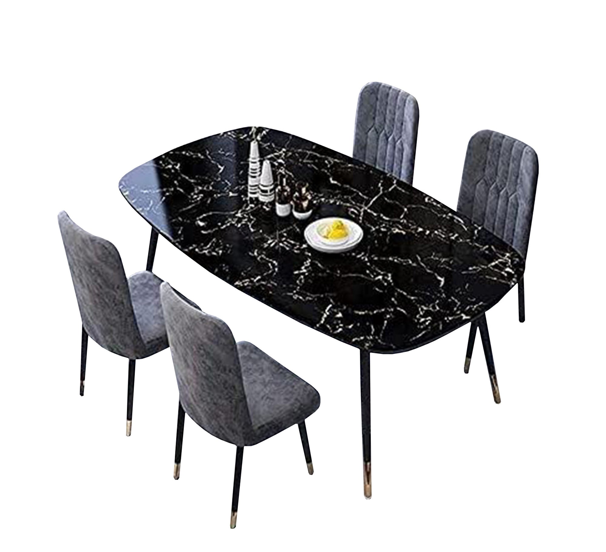 Black dining table decorated with white