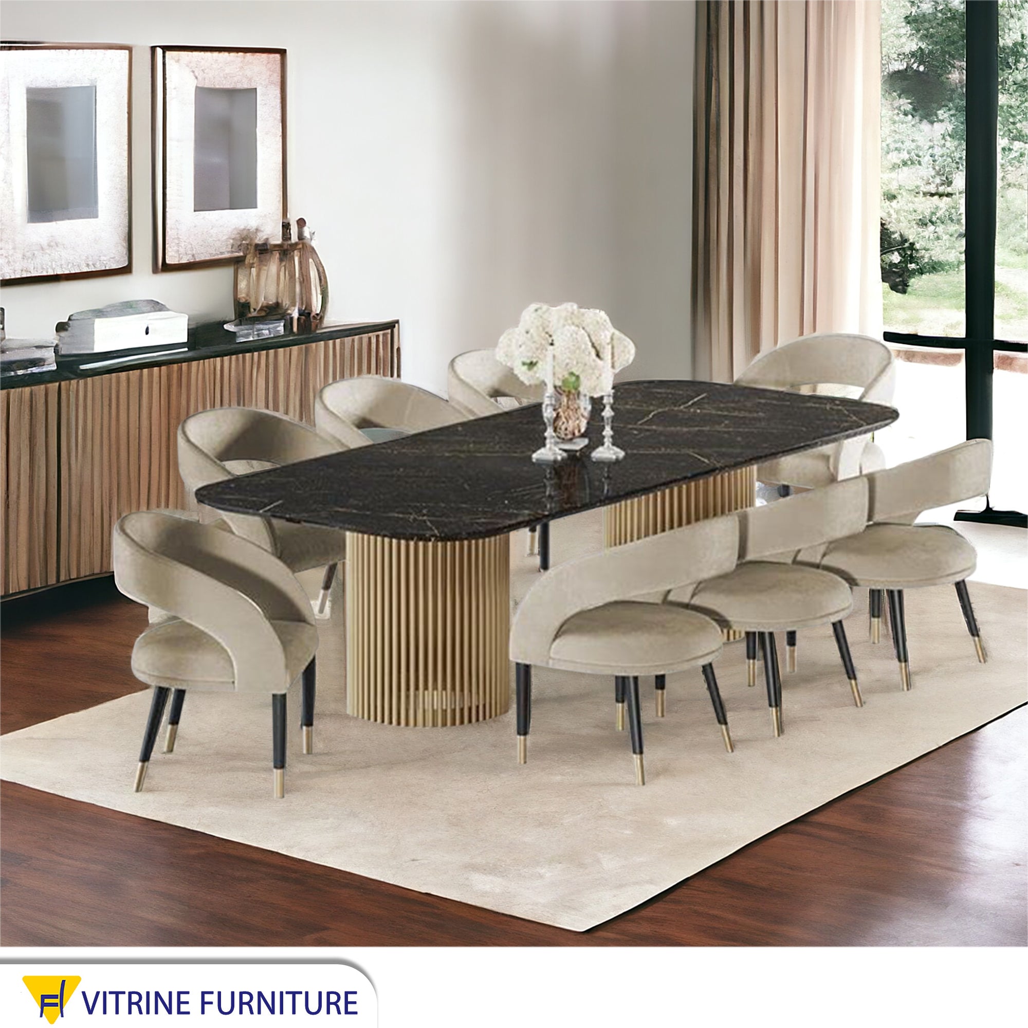 A large dining table with cylindrical legs