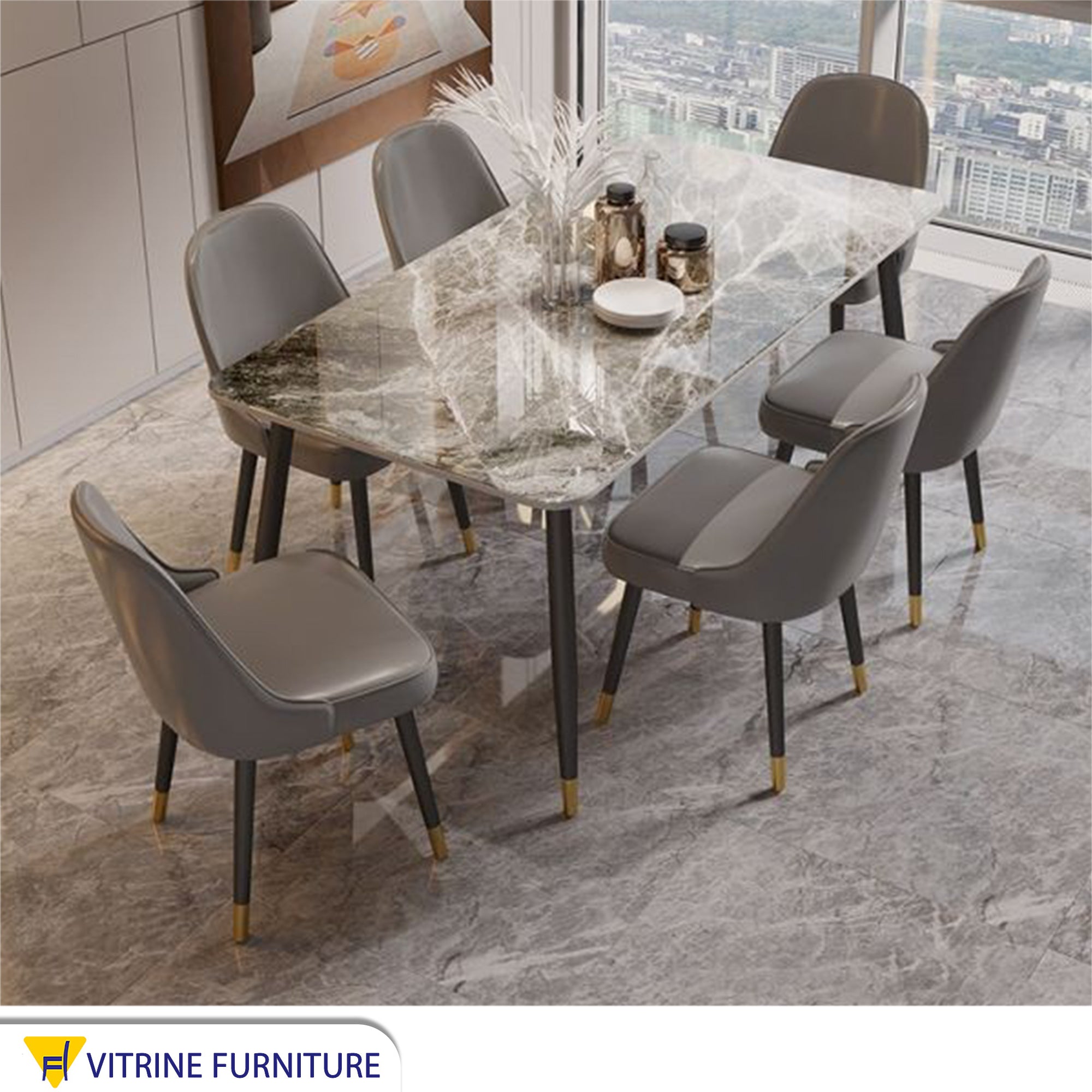 Dining table with 6 grey chairs