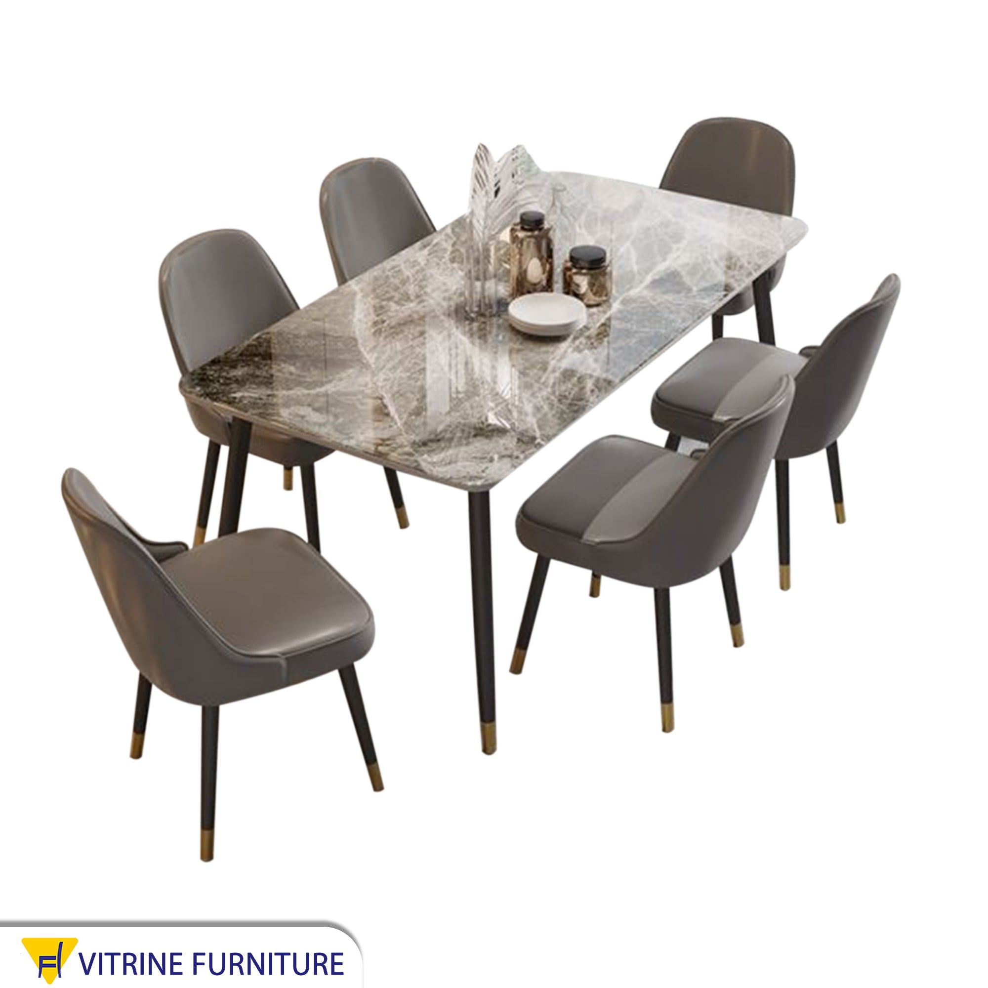 Dining table with 6 grey chairs