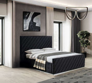 Black bed with diagonal sunken lines