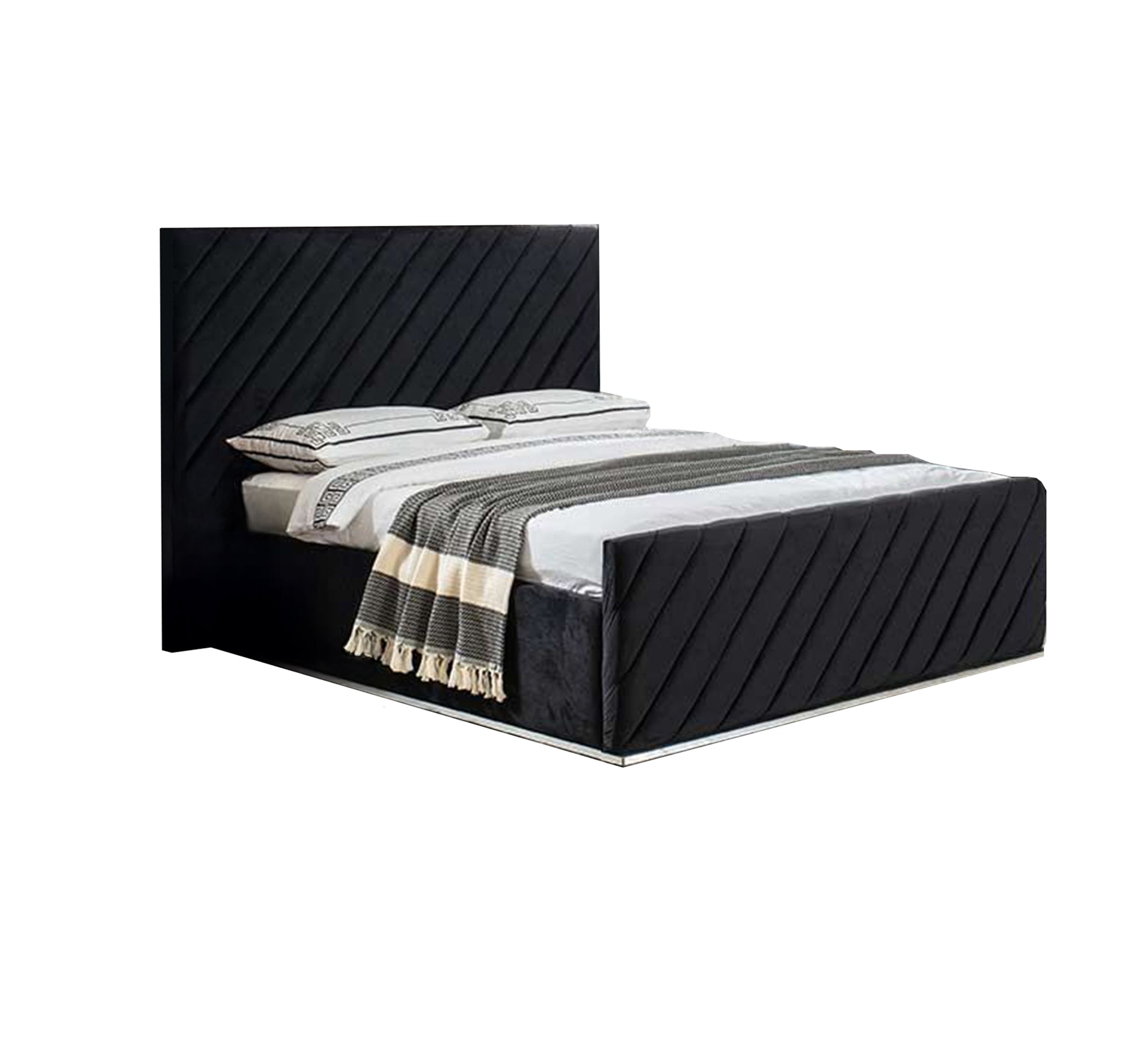 Black bed with diagonal sunken lines