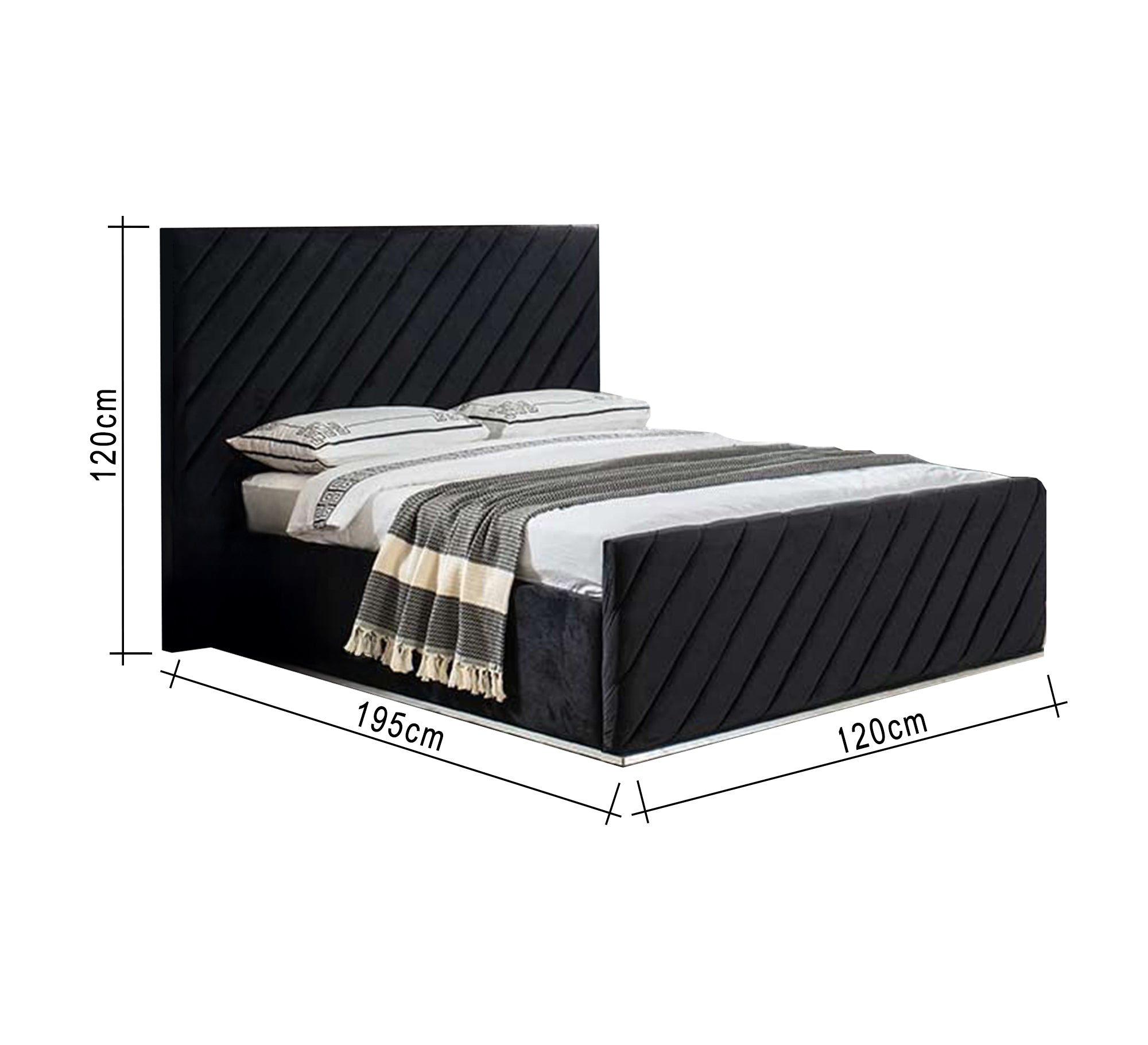 Black bed with diagonal sunken lines