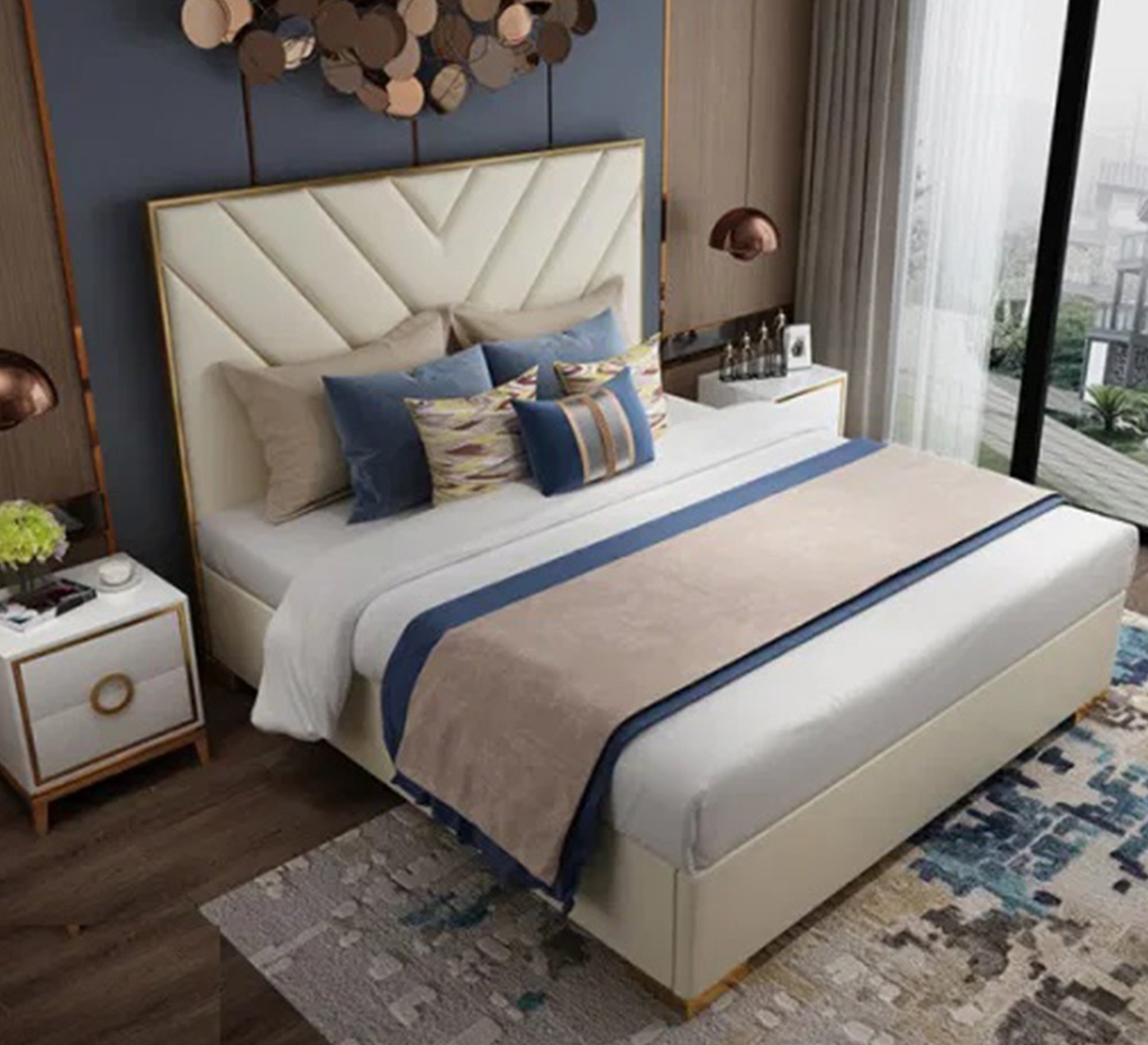 سرير أنيق برأس هندسي ذهبي عصري فاخر