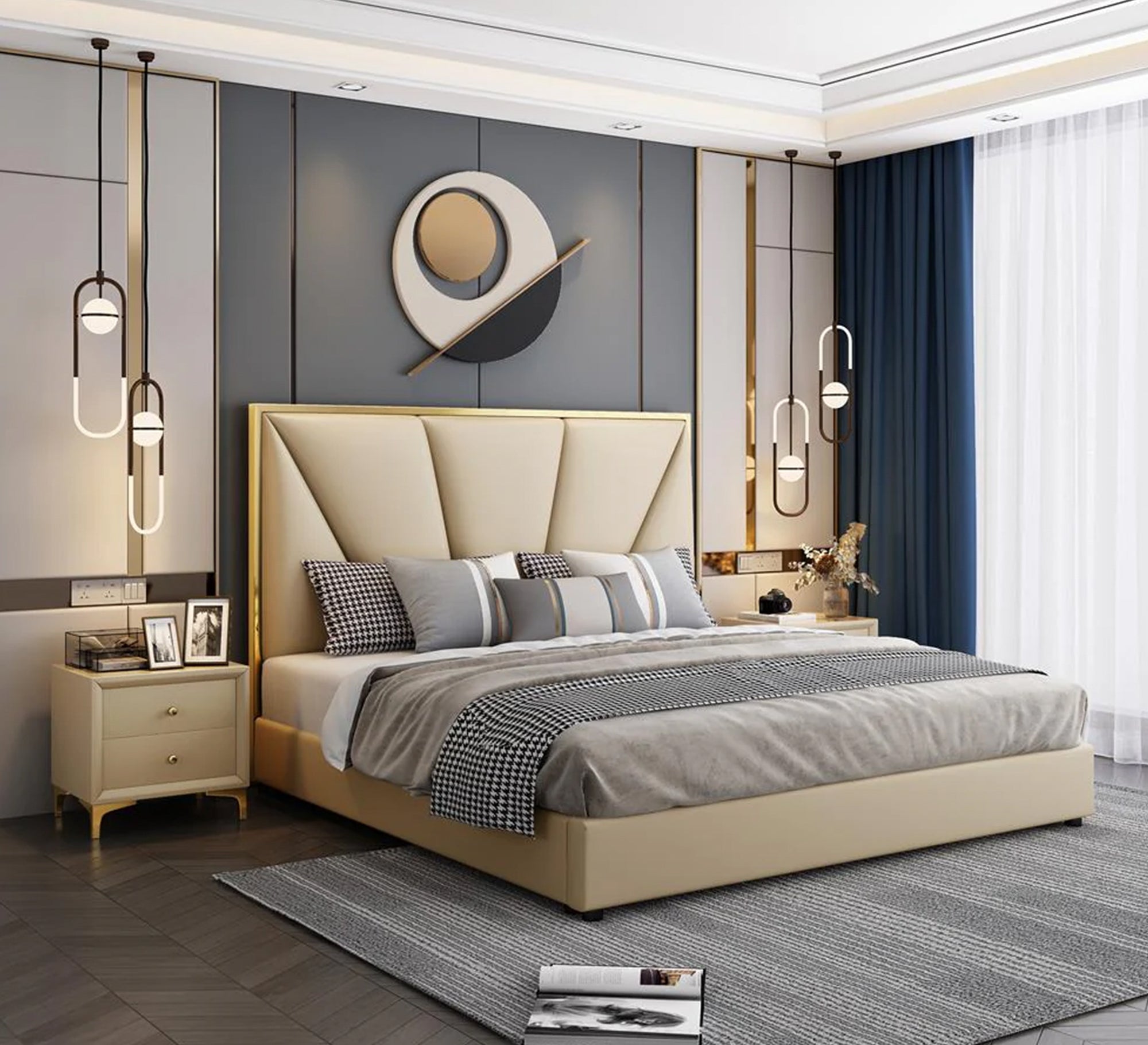 سرير أنيق برأس هندسي بيج ذهبي فاخر