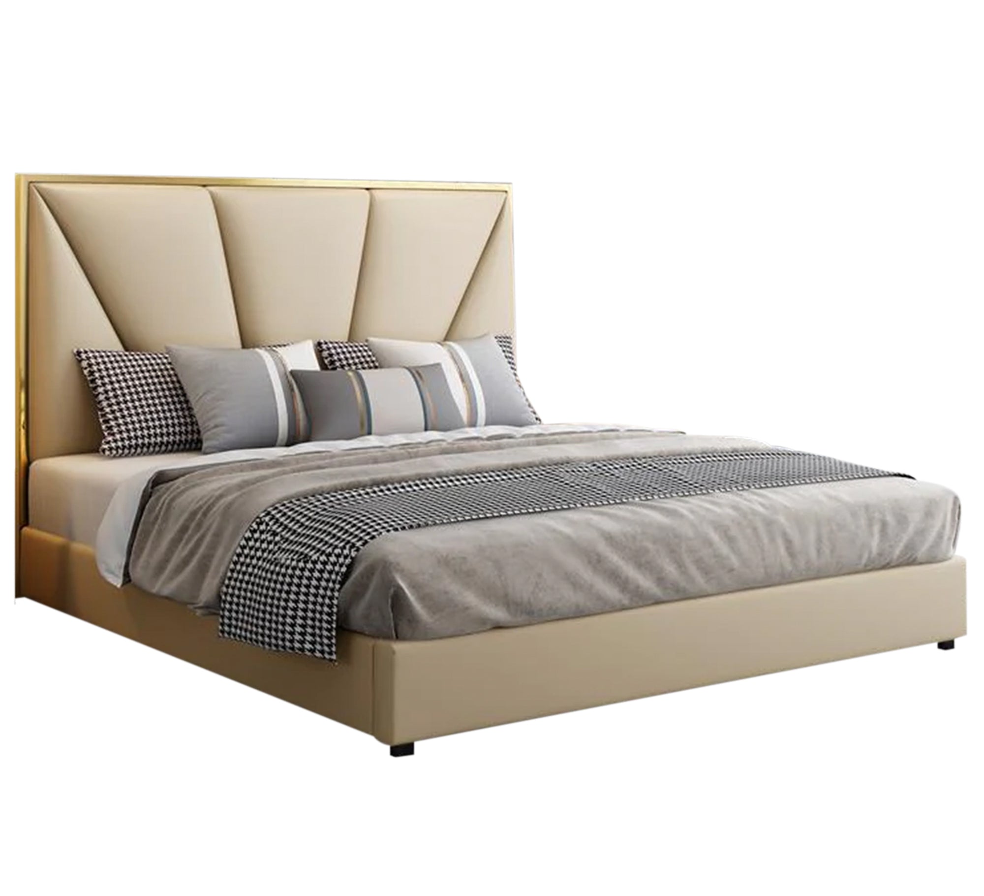 سرير أنيق برأس هندسي بيج ذهبي فاخر