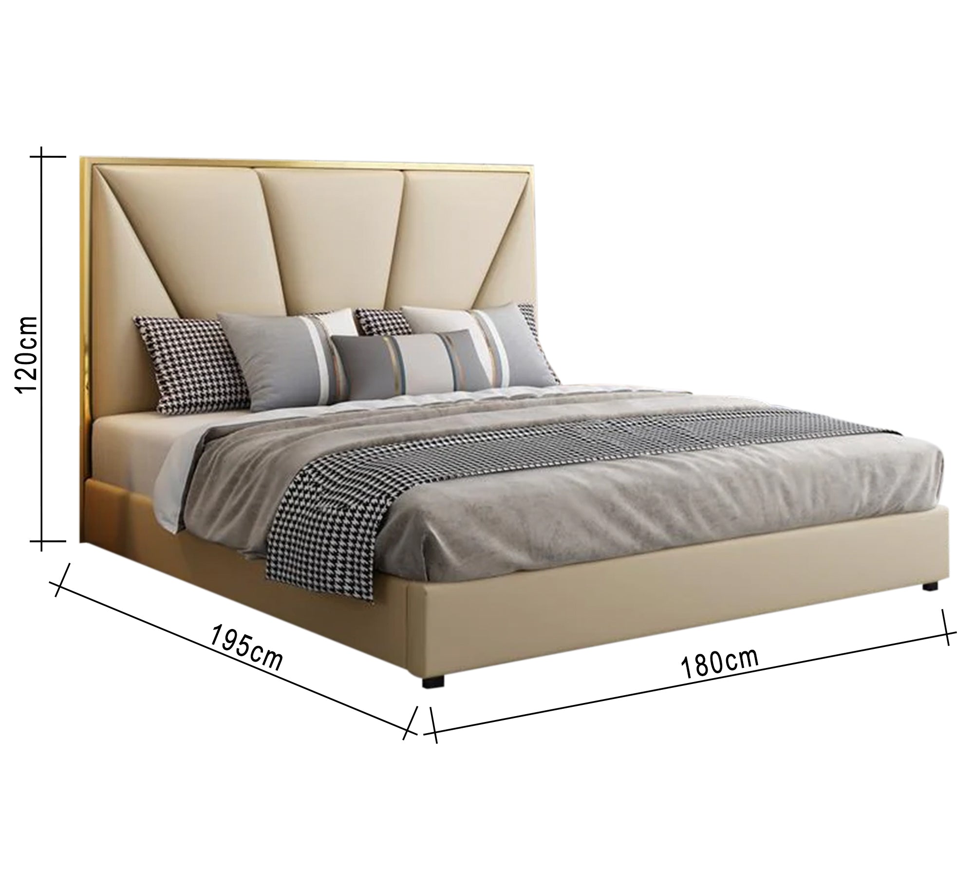 سرير أنيق برأس هندسي بيج ذهبي فاخر