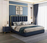 سرير أنيق مبطن أزرق داكن ذهبي فاخر