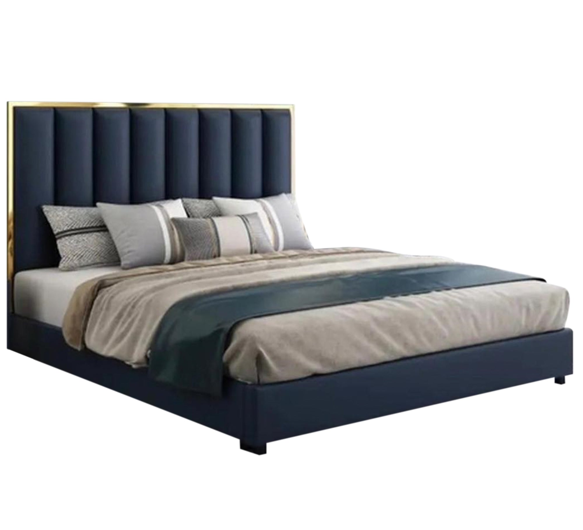 سرير أنيق مبطن أزرق داكن ذهبي فاخر