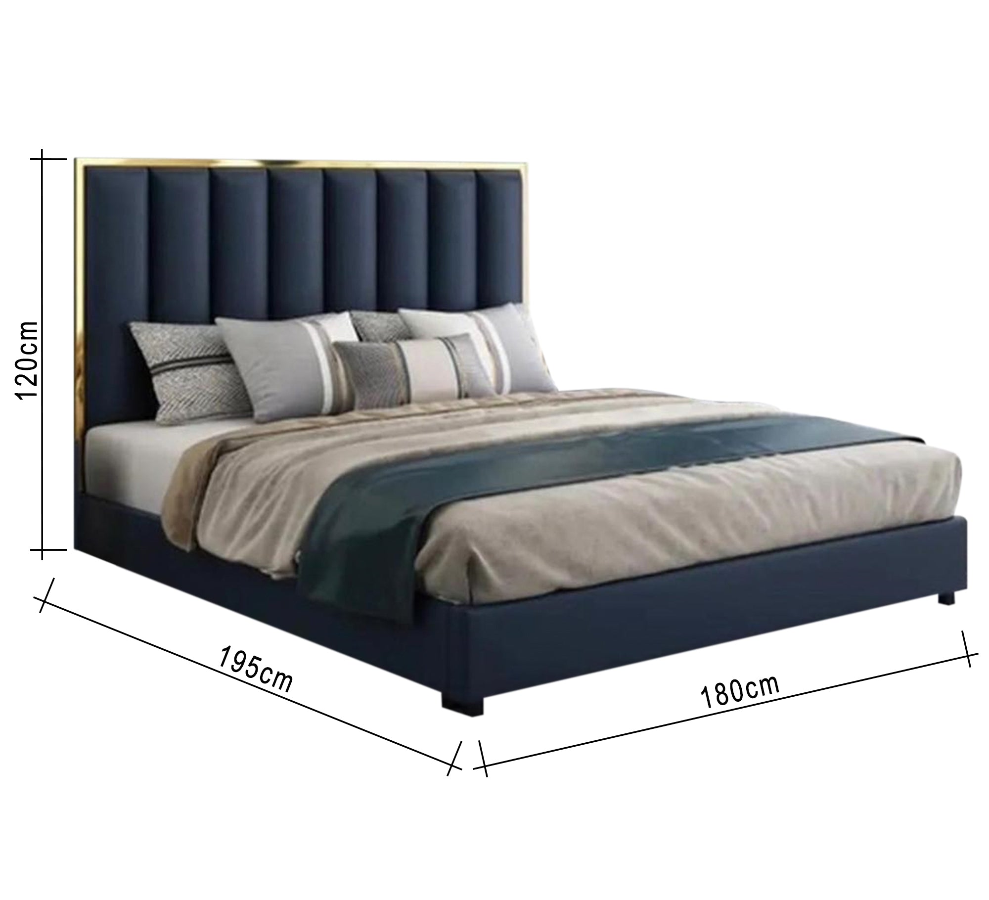 سرير أنيق مبطن أزرق داكن ذهبي فاخر