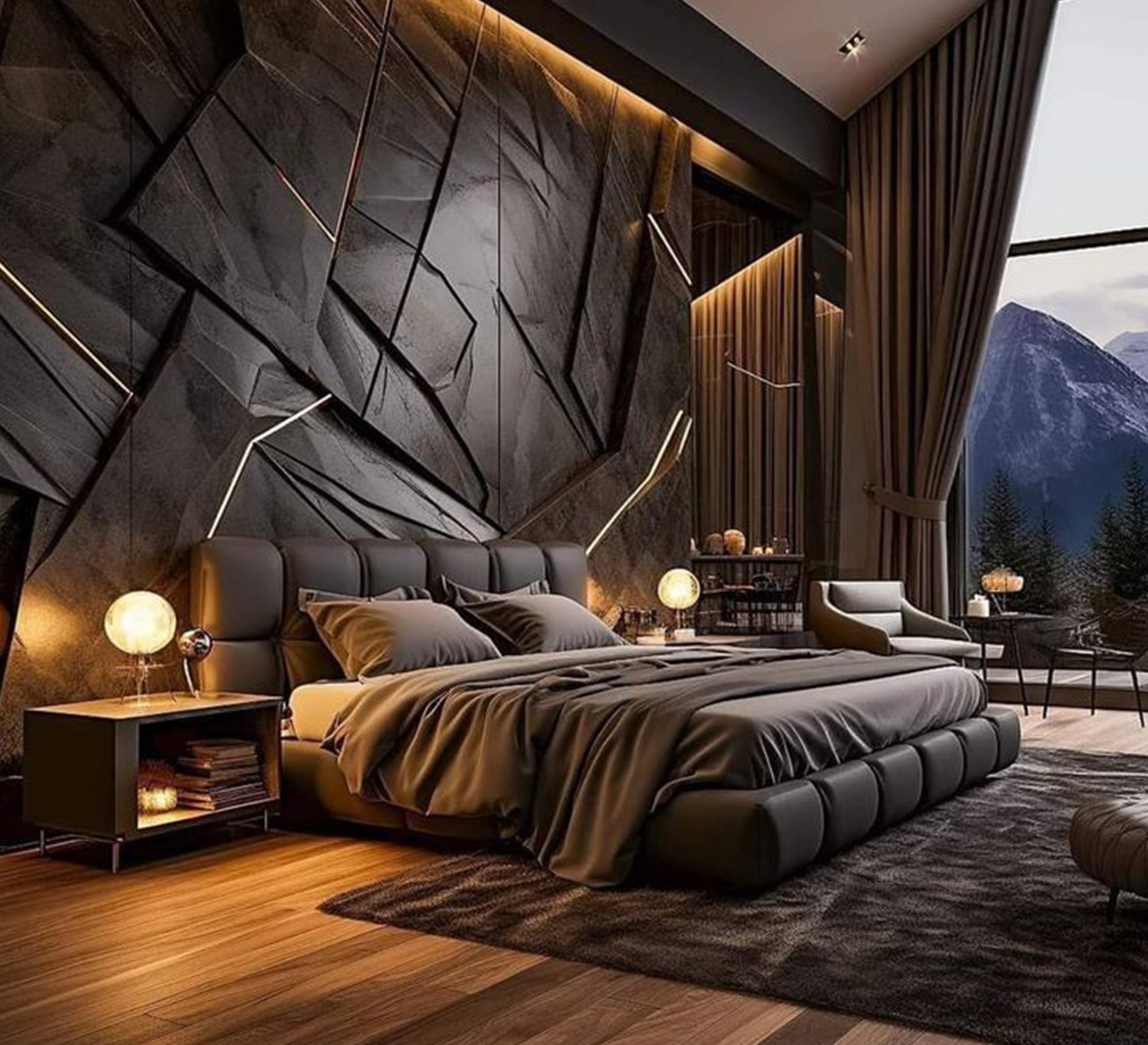 سرير أنيق مبطن بالقطيقة السوداء الفاخرة