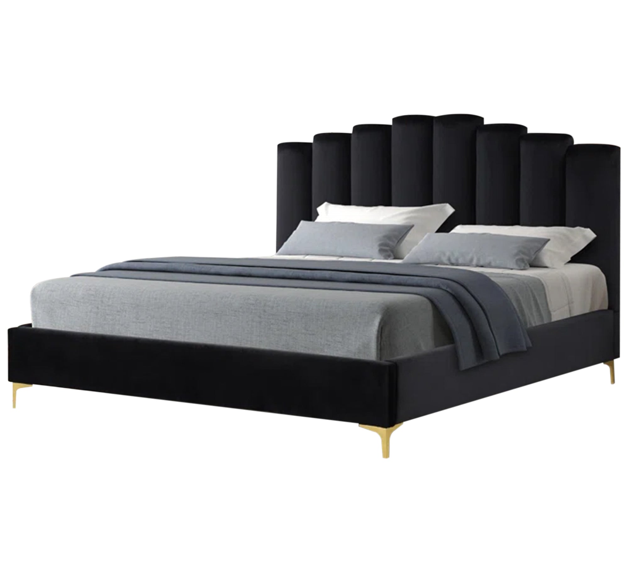 سرير مخملي فاخر بقاعدة ذهبية