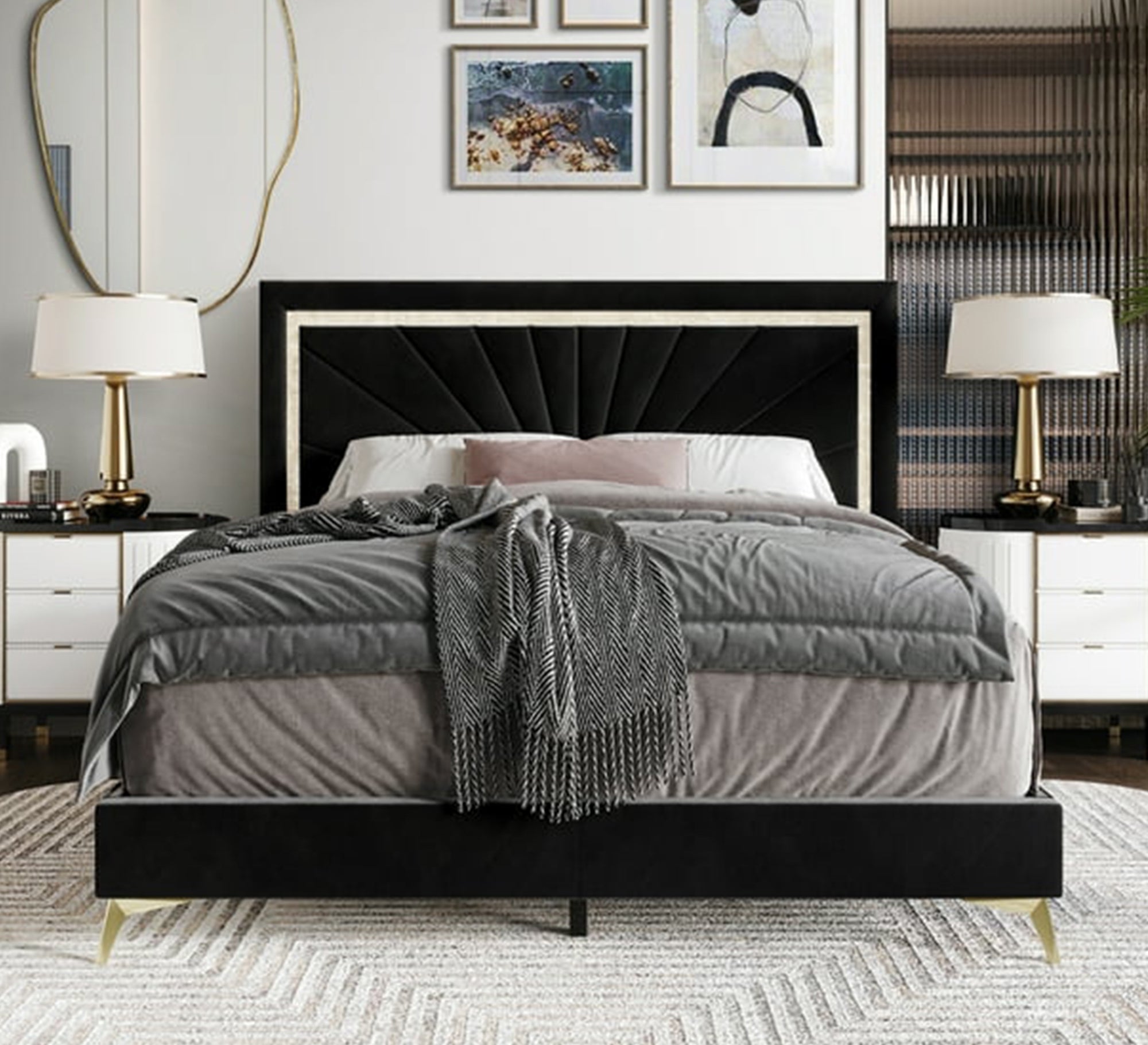 سرير مخملي فاخر بتصميم فني بأرجل ذهبية