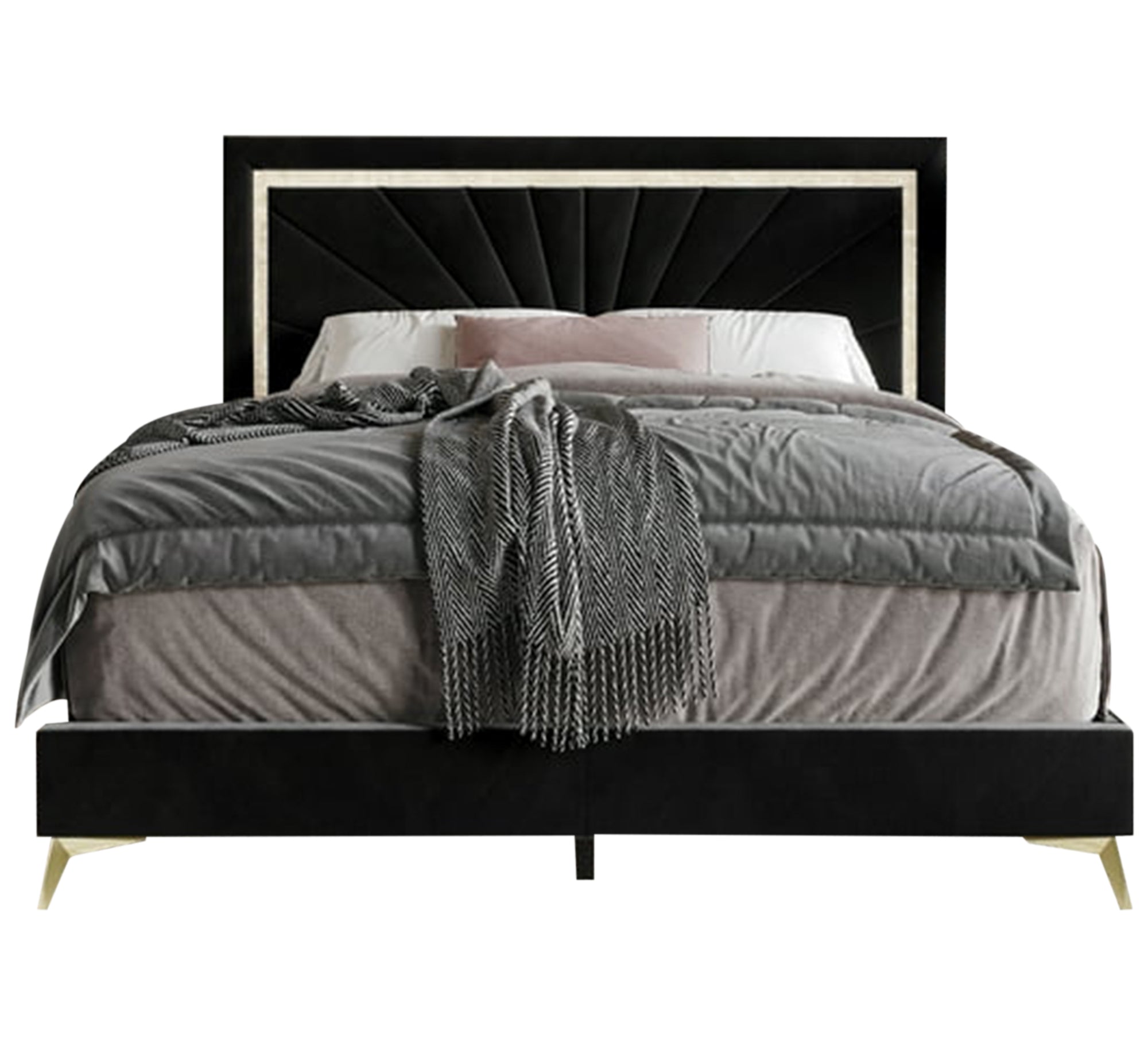 سرير مخملي فاخر بتصميم فني بأرجل ذهبية