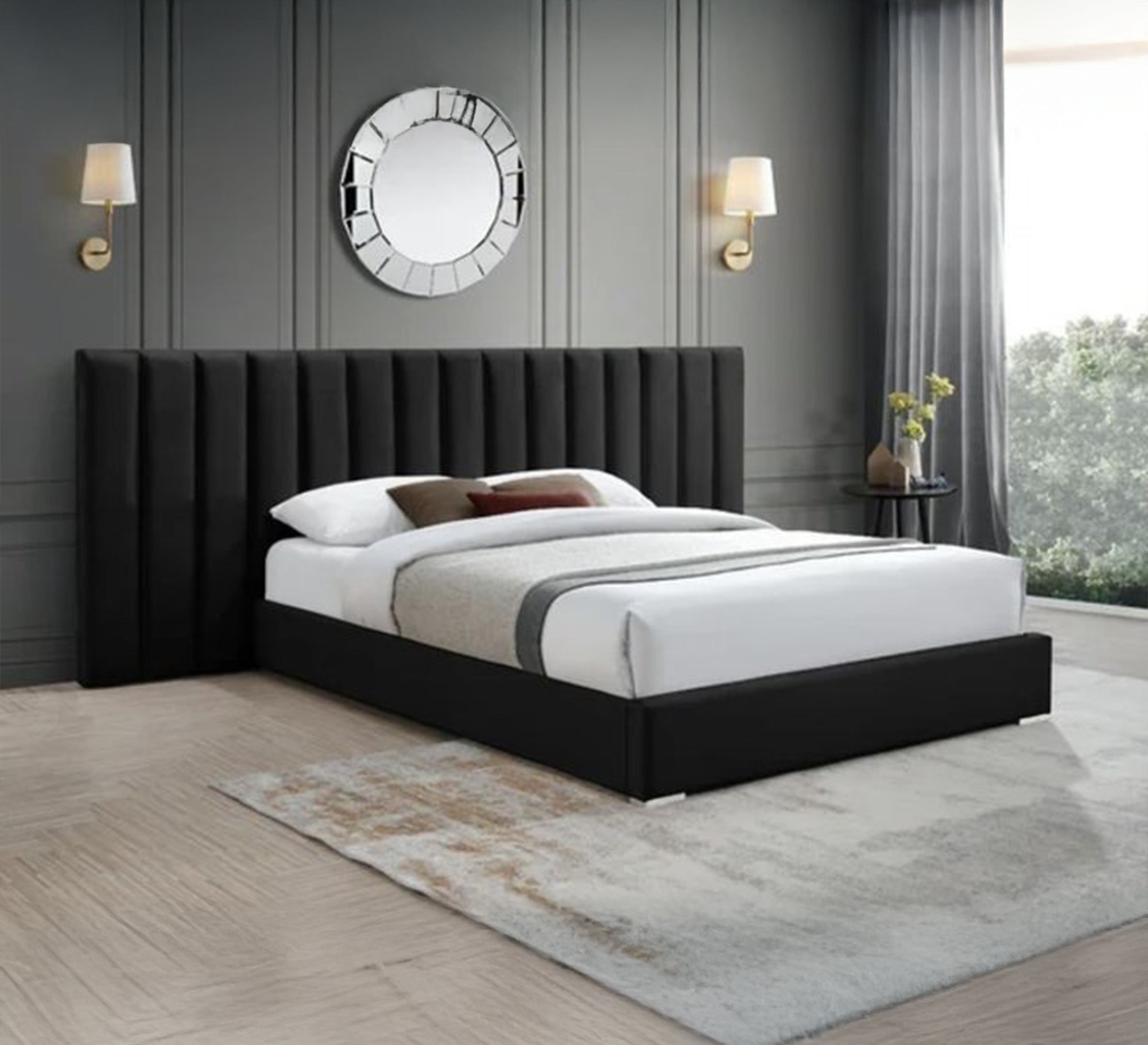 سرير أسود بتصميم عمودي أنيق وعصري