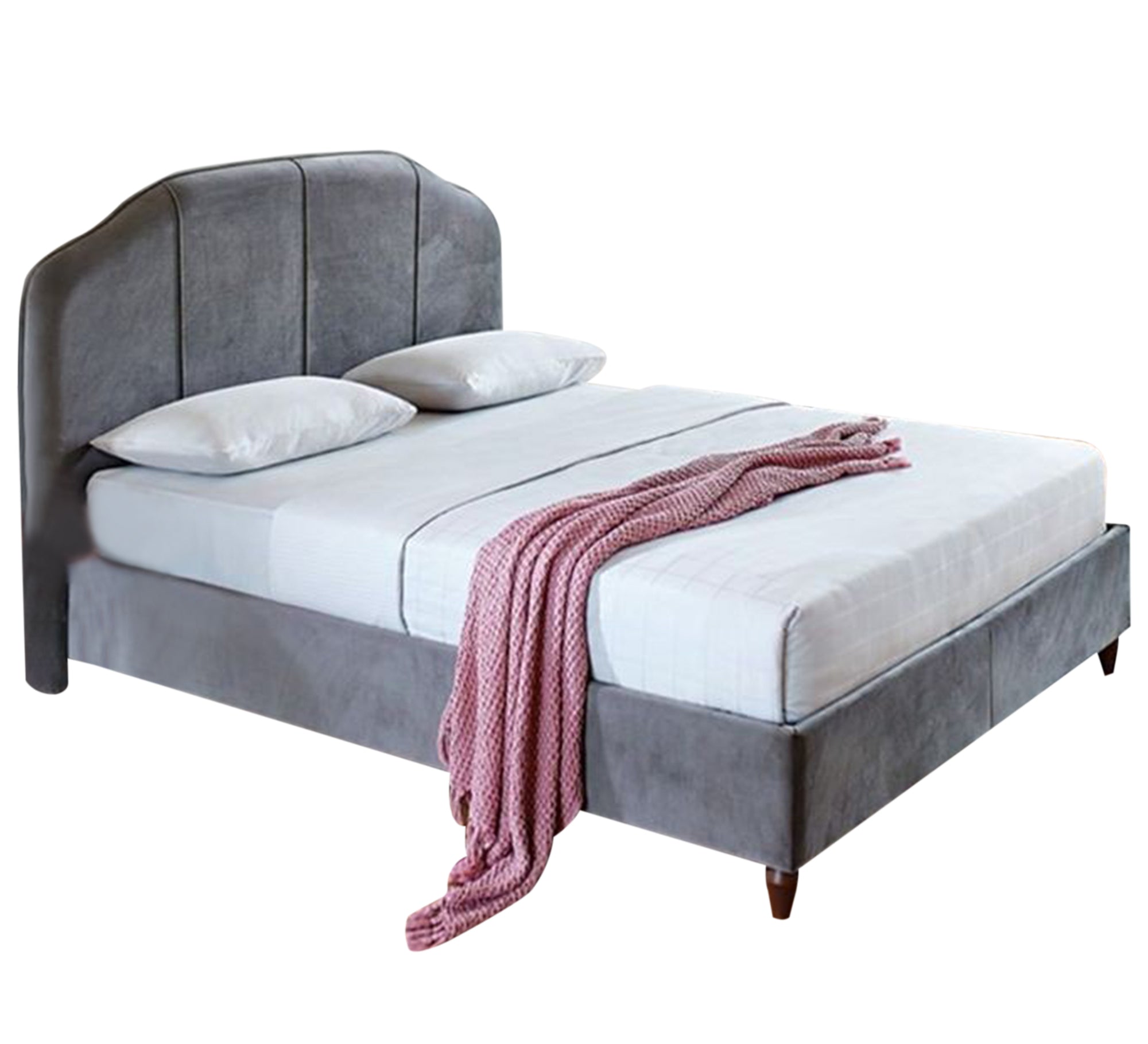 سرير رمادي بتصميم منحني مبطن أنيق