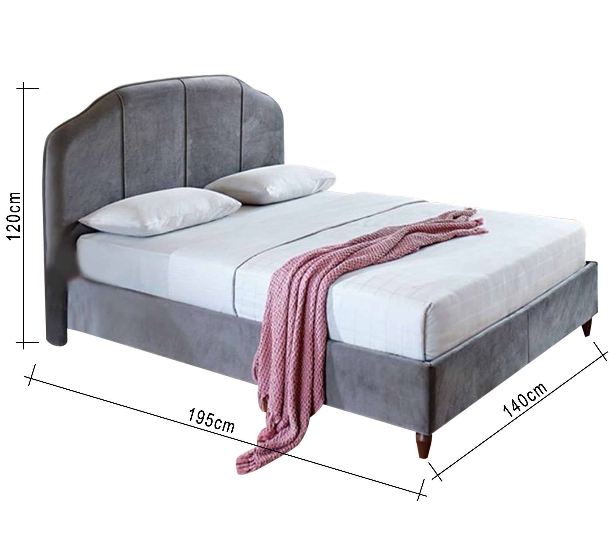 سرير رمادي بتصميم منحني مبطن أنيق