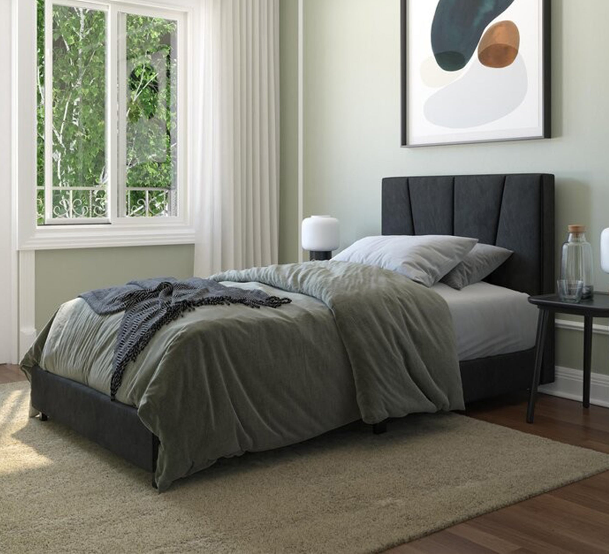 سرير مفرد أسود بتصميم عمودي بسيط