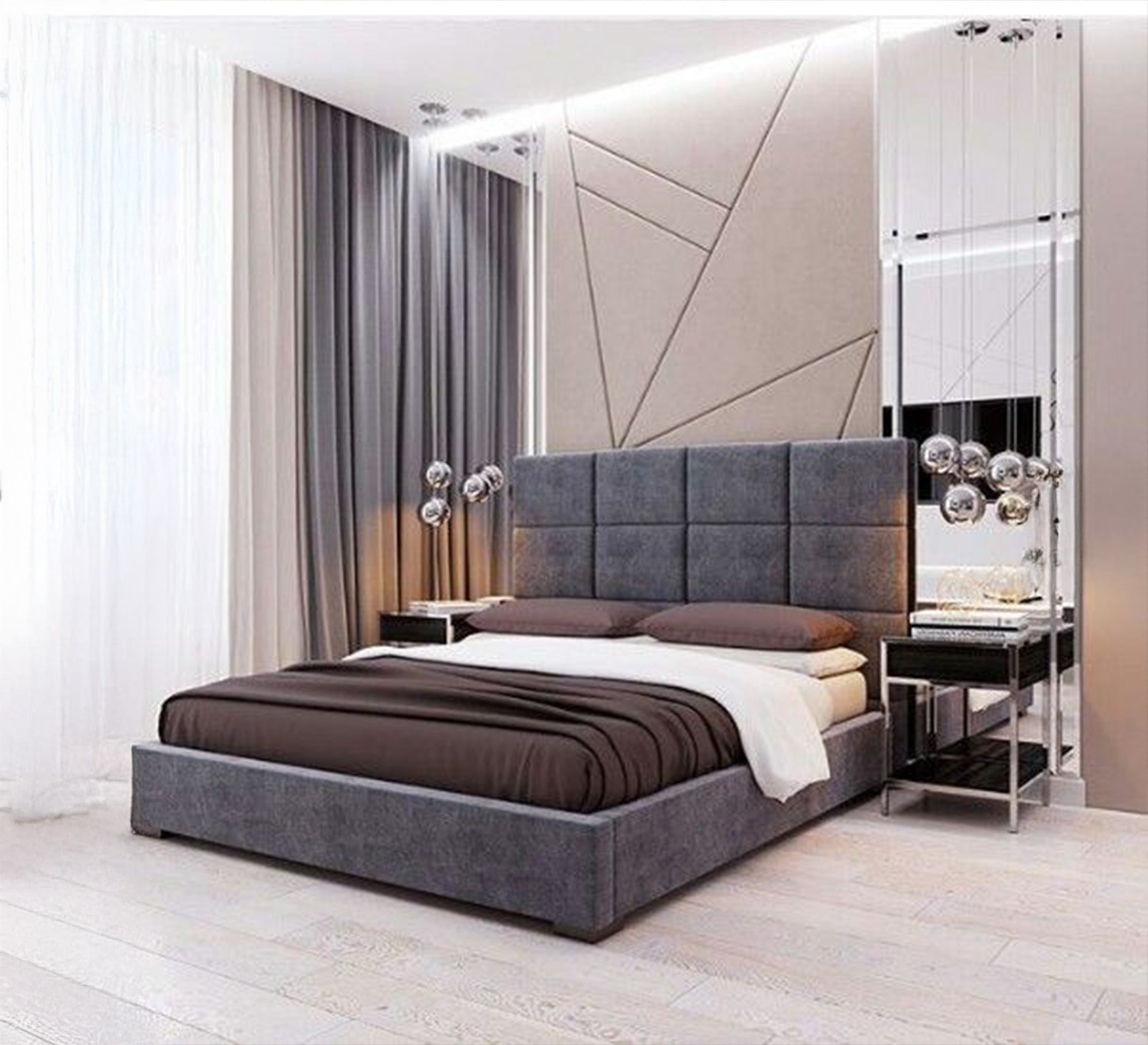 سرير رمادي بمربعات مبطنة عصرية