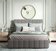 Grey bed with a stylish upholstered vertical design.