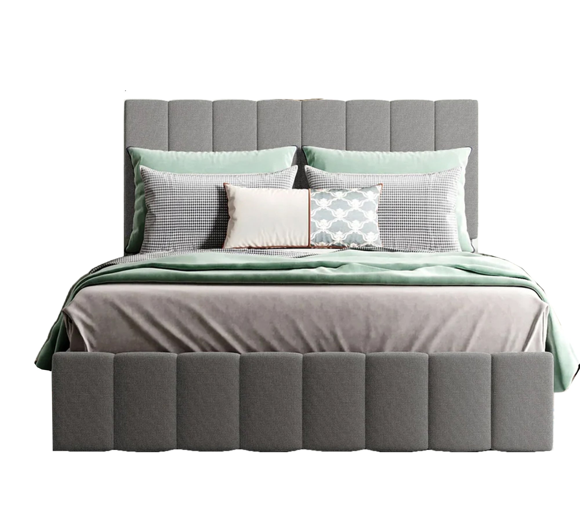 سرير رمادي بتصميم عمودي مبطن أنيق.