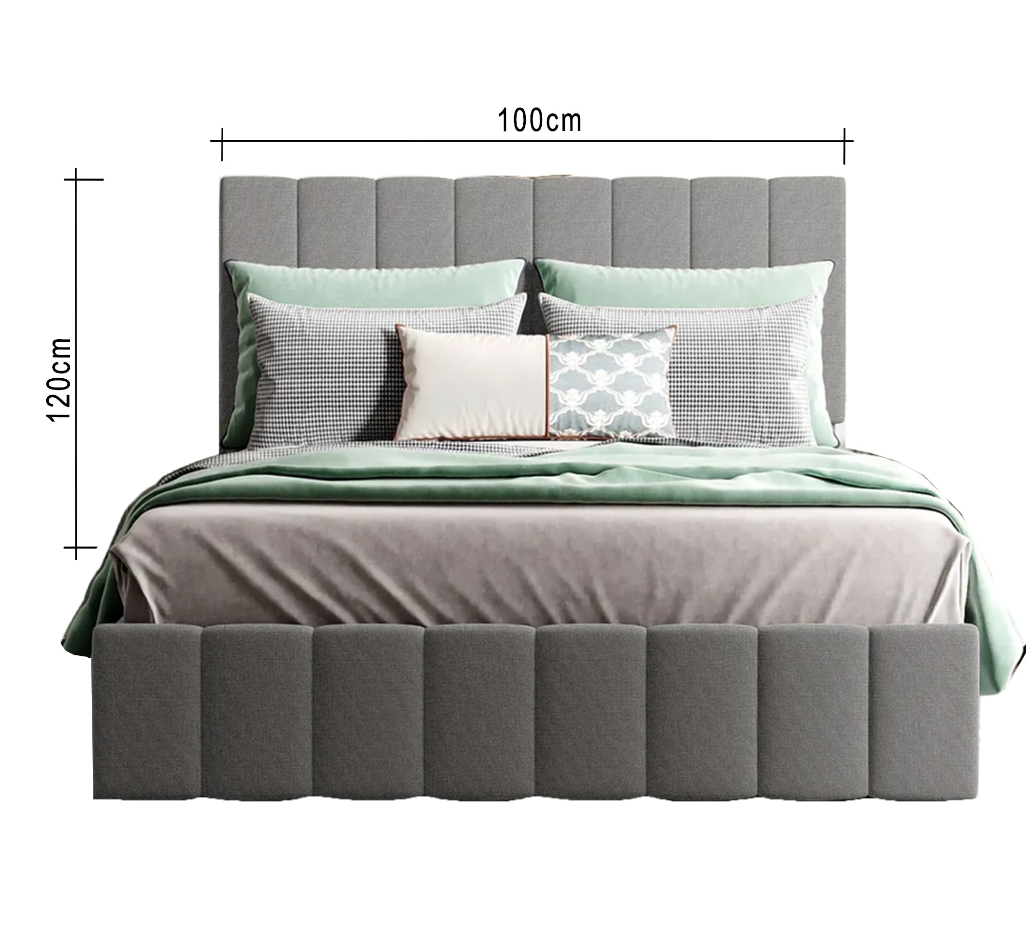 Grey bed with a stylish upholstered vertical design.
