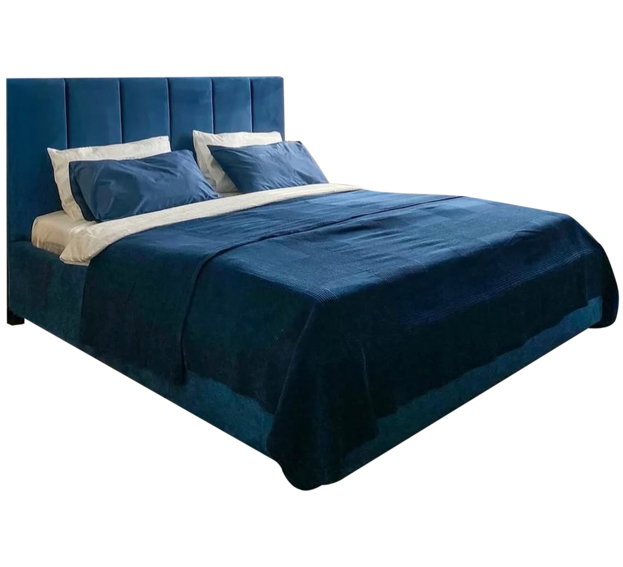 سرير أزرق بتصميم عمودي مخملي