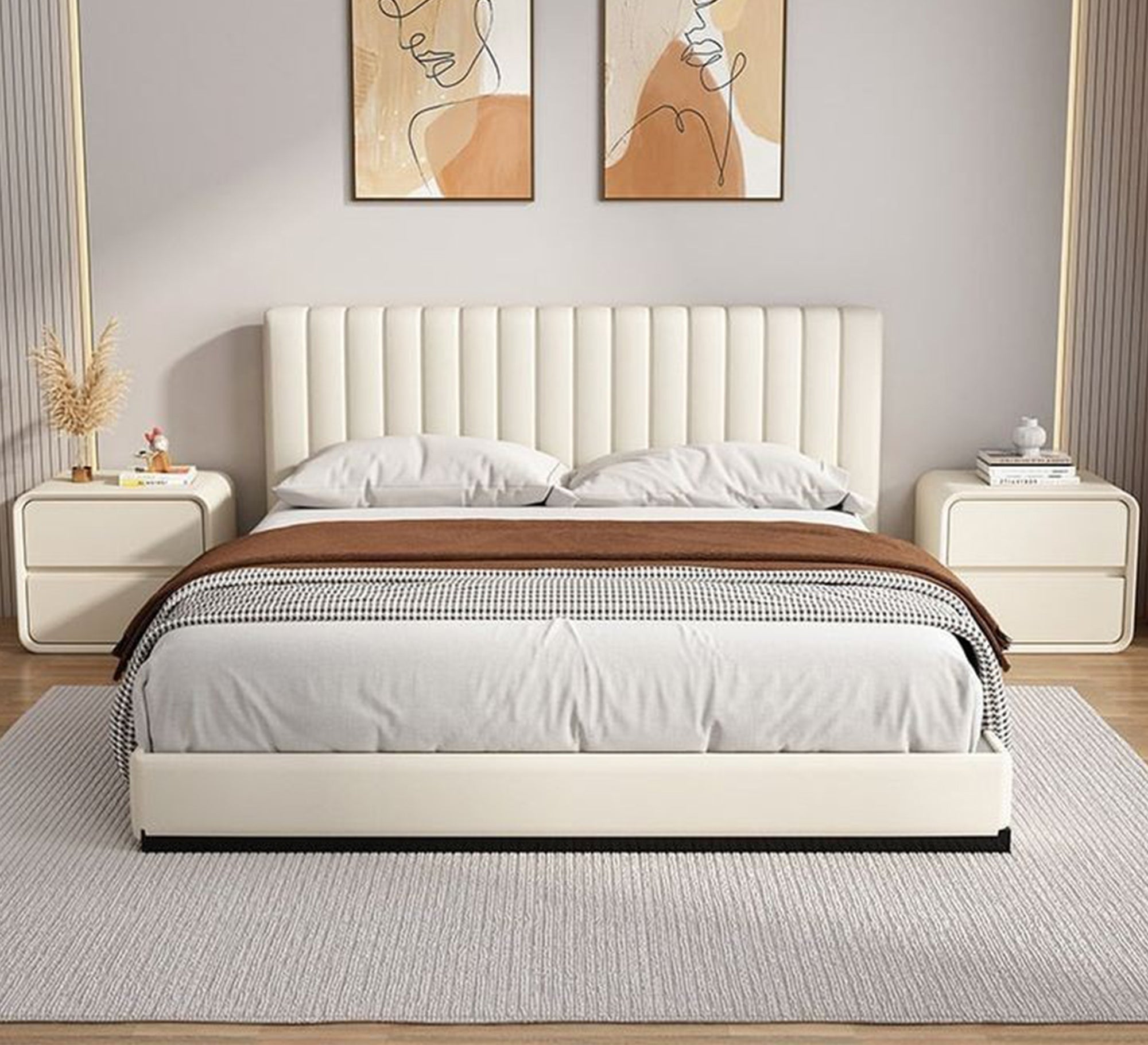 Light beige bed with an elegant vertical design
