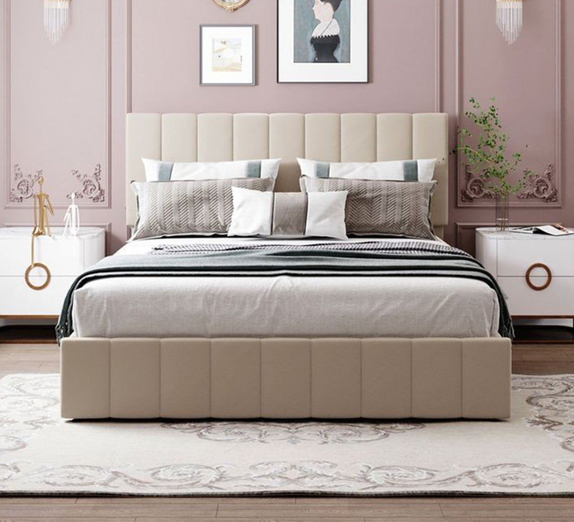 Beige bed with a modern design and vertical lines